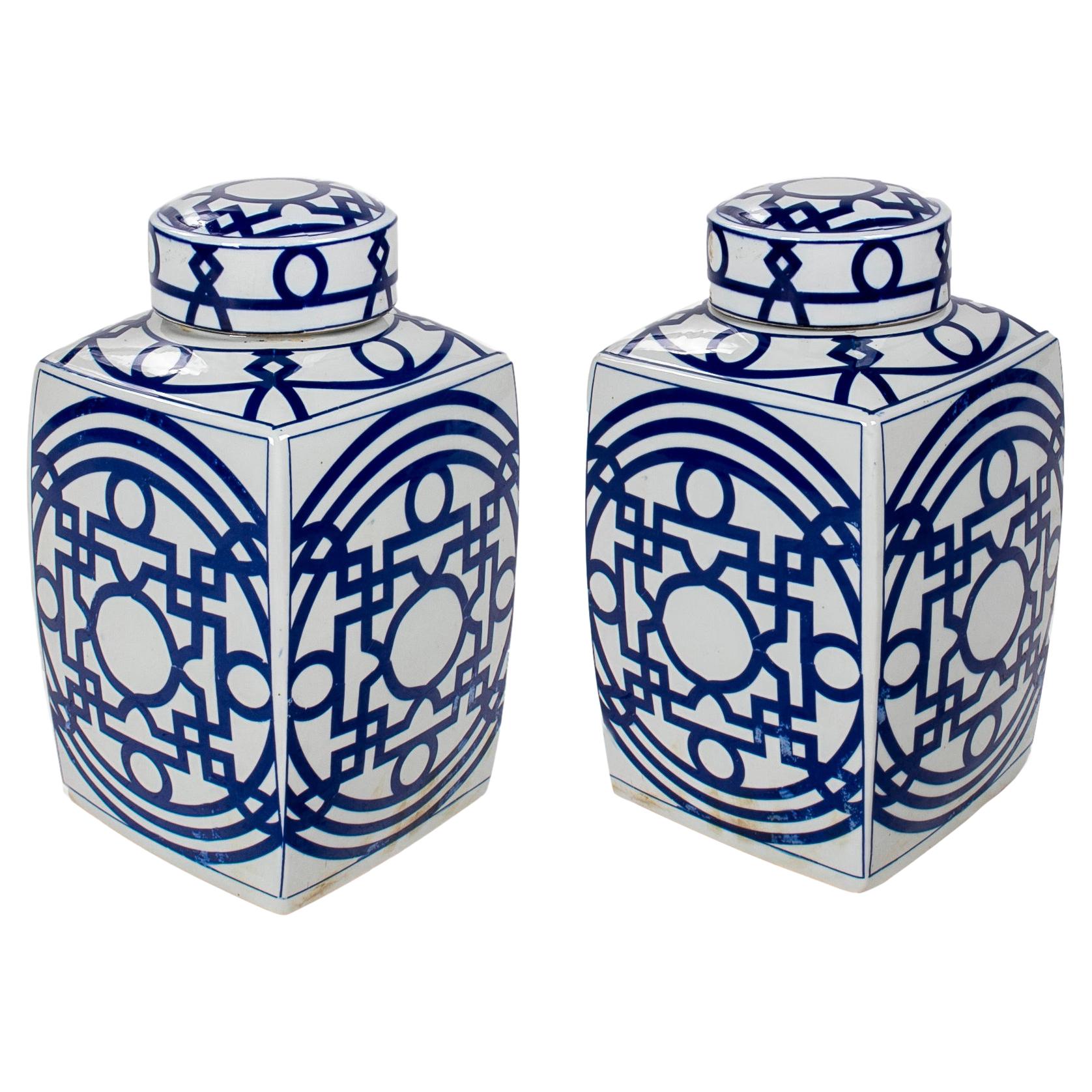 Pair of Asian White Glazed Porcelain Urns w/ Blue Geometric Decorations & Lids For Sale