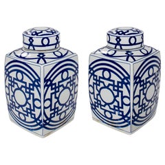 Pair of Asian White Glazed Porcelain Urns w/ Blue Geometric Decorations & Lids