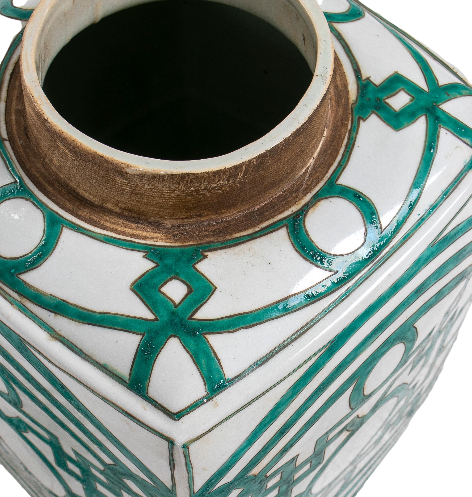 Contemporary Pair of Asian White Glazed Porcelain Urns w/ Green Geometric Decorations & Lids For Sale