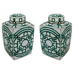 Pair of Asian White Glazed Porcelain Urns w/ Green Geometric Decorations & Lids