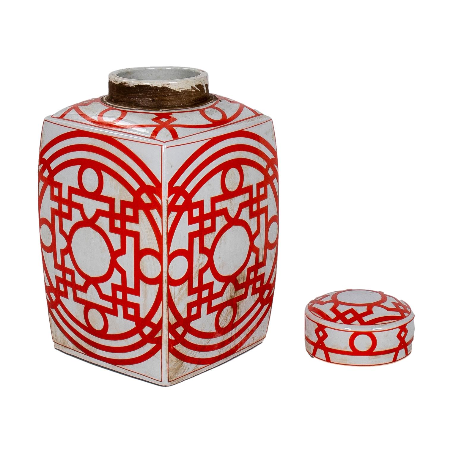 Contemporary Pair of Asian White Glazed Porcelain Urns w/ Red Geometric Decorations & Lids For Sale