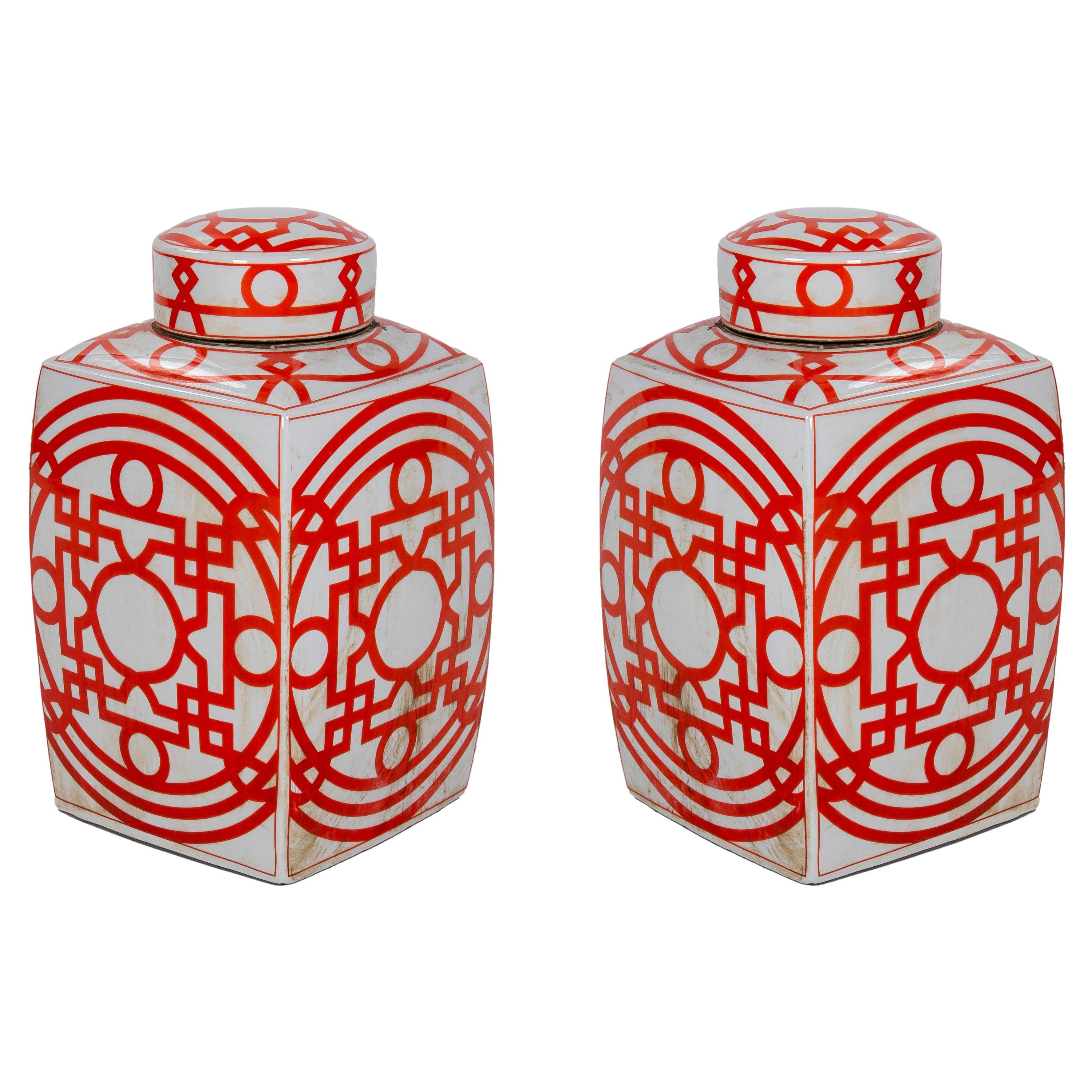 Pair of Asian White Glazed Porcelain Urns w/ Red Geometric Decorations & Lids For Sale