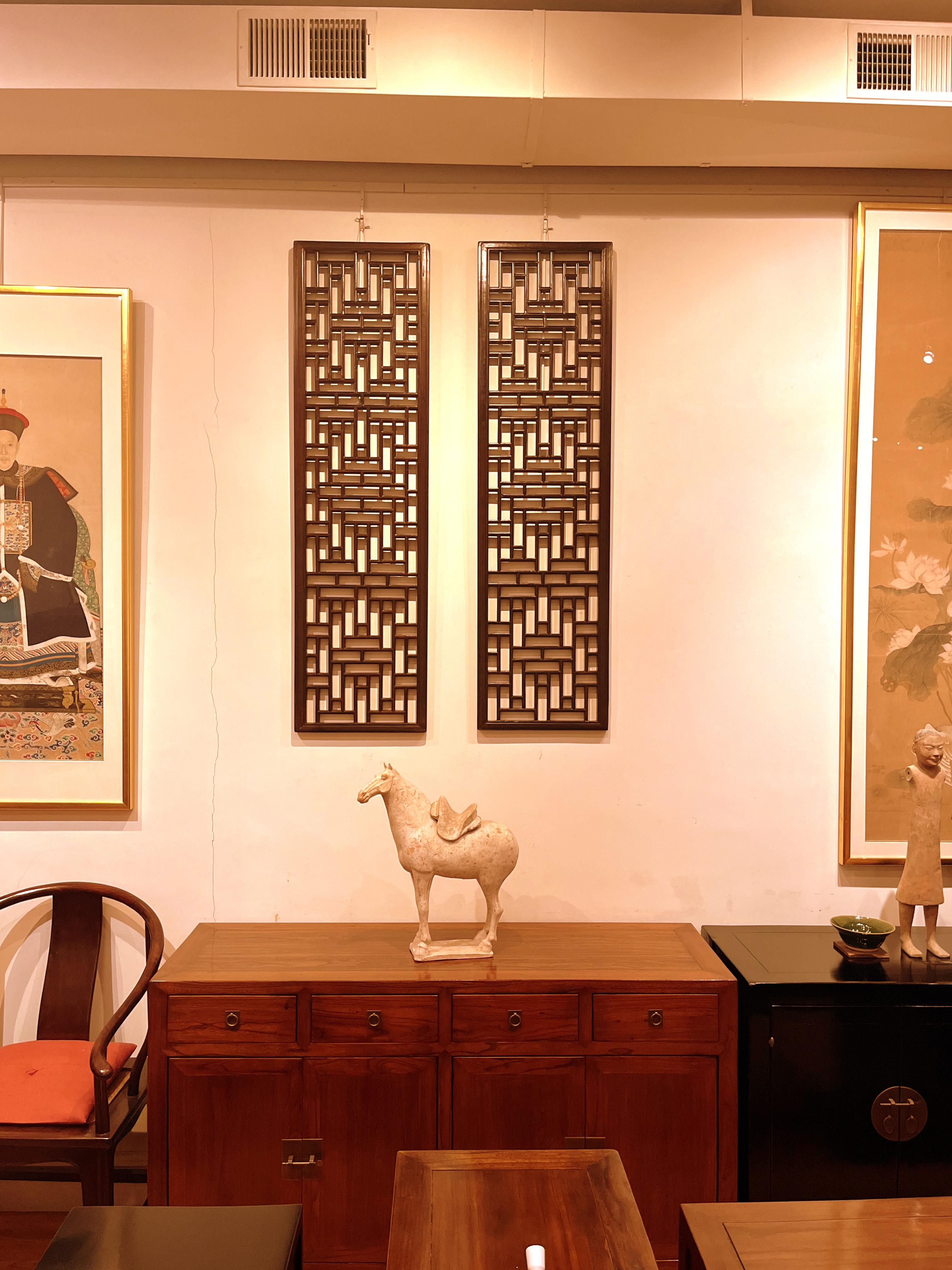 Pair of Asian Window Panels with Geometric Design For Sale 1