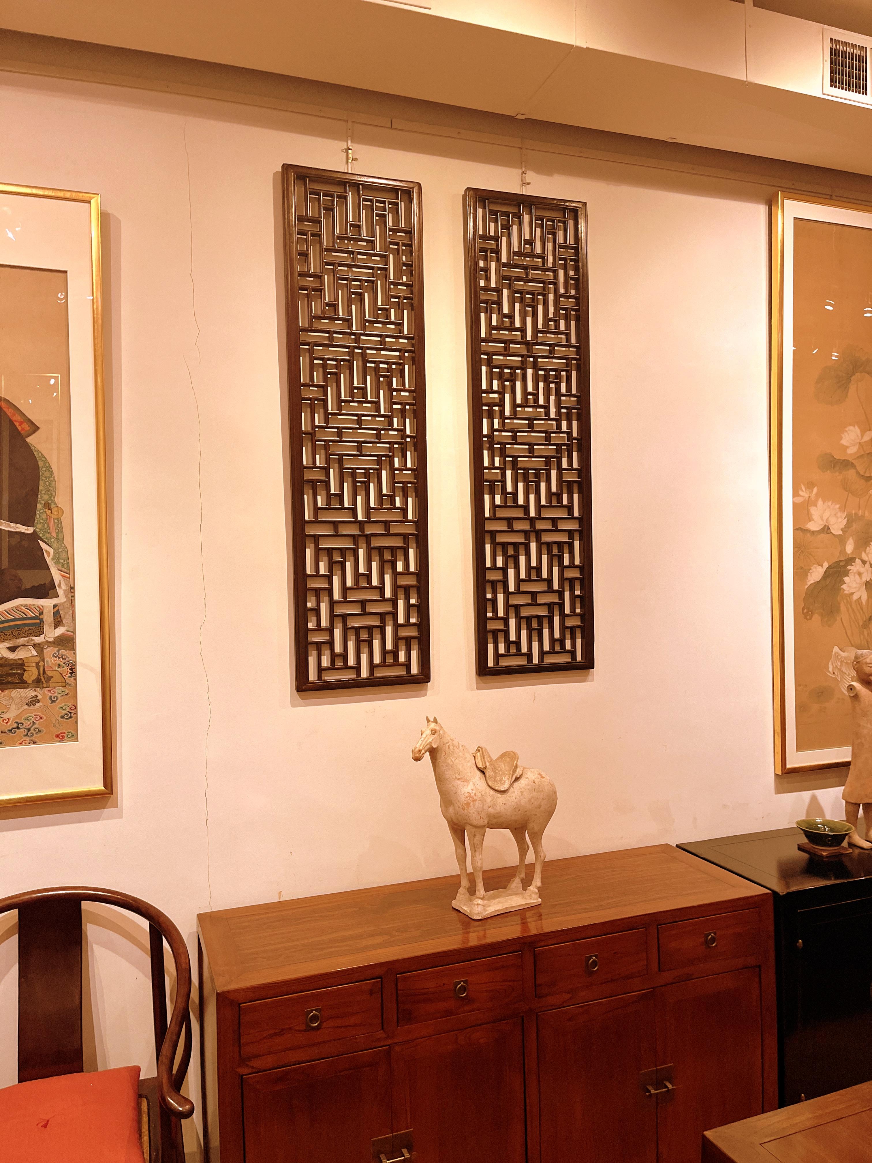 Pair of Asian Window Panels with Geometric Design For Sale 2