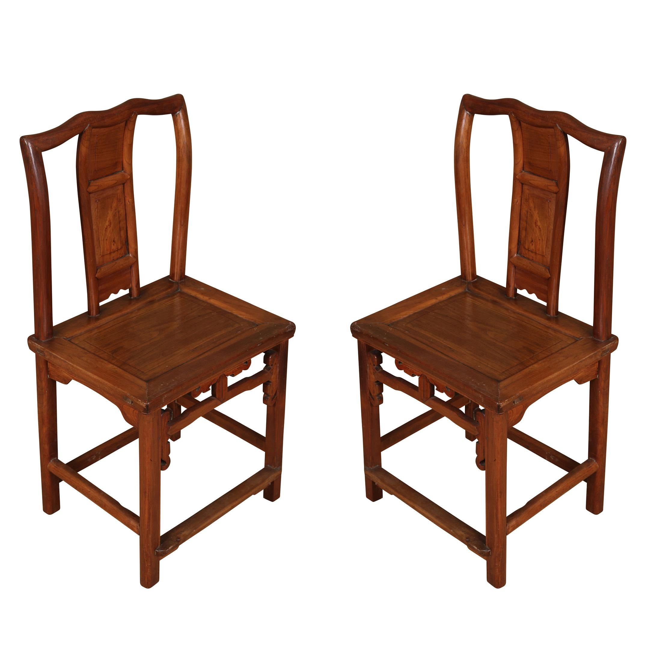 Pair of Asian Wood Chairs in with Carved Square Motif In Good Condition For Sale In Locust Valley, NY