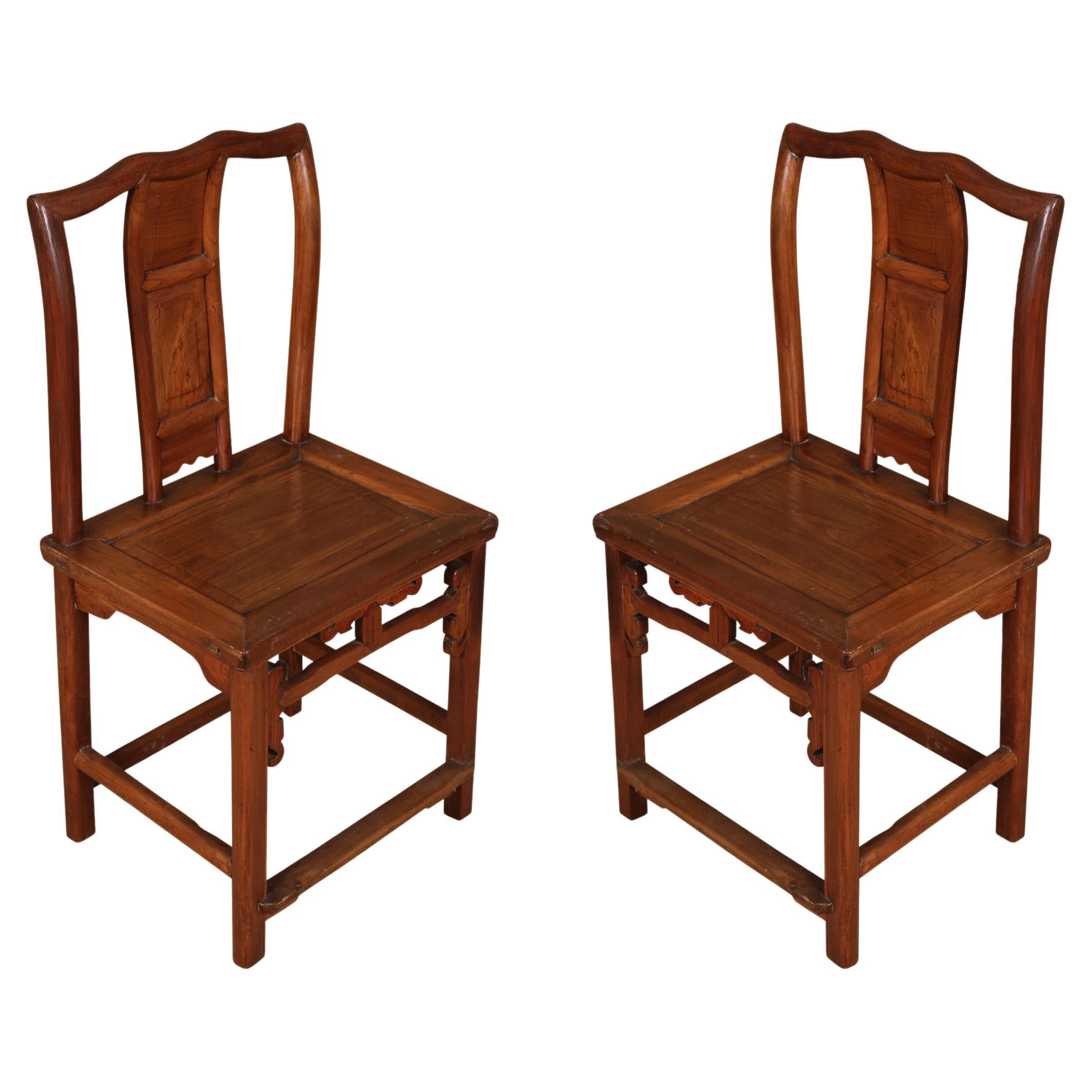 Pair of Asian Wood Chairs in with Carved Square Motif For Sale