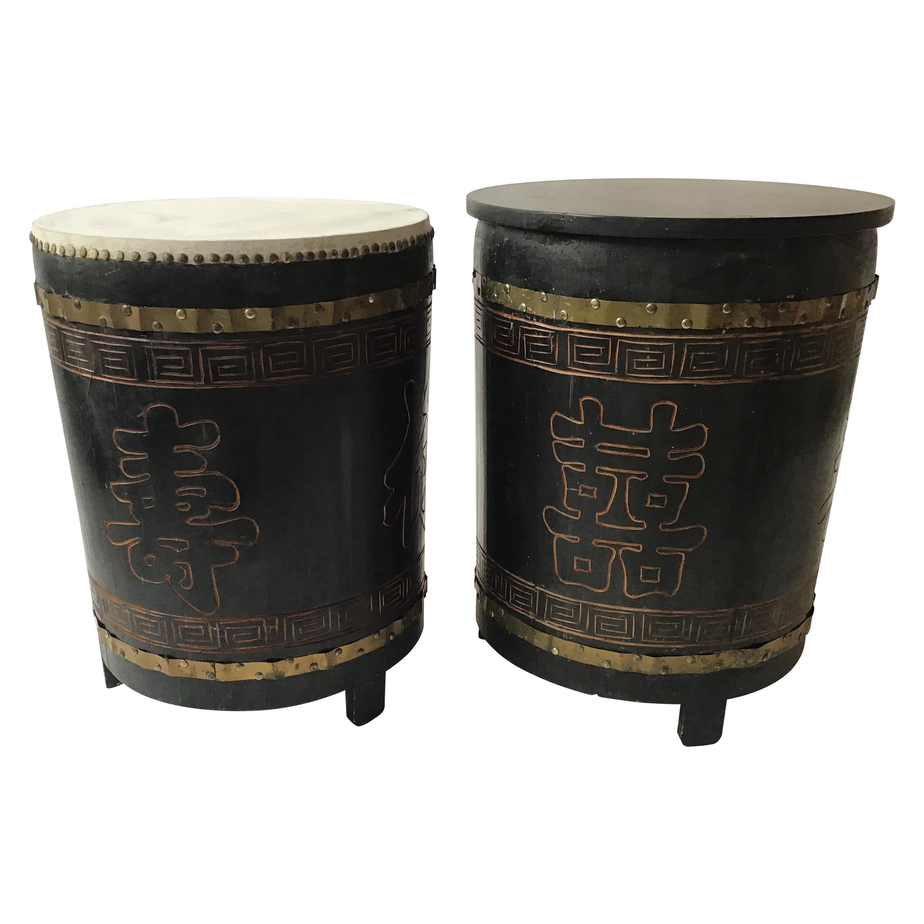 Pair of Asian Wood Drum Tables For Sale