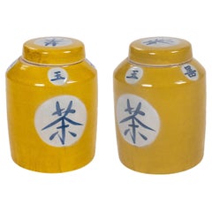 Pair of Asian Yellow Glazed Porcelain Urns w/ Lids & Chinese Inscriptions
