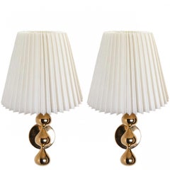 Pair of Asmussen 3 Drops Gold Plated Wall Lights with Pleated Lampshade, Denmark