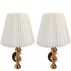 Pair of Asmussen 3 Drops Gold Plated Wall Lights with Pleated Lampshade, Denmark