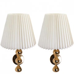 Pair of Asmussen 3 Drops Gold Plated Wall Lights with Pleated Lampshade, Denmark