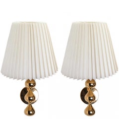 Pair of Asmussen 3 Drops Gold Plated Wall Lights with Pleated Lampshade, Denmark