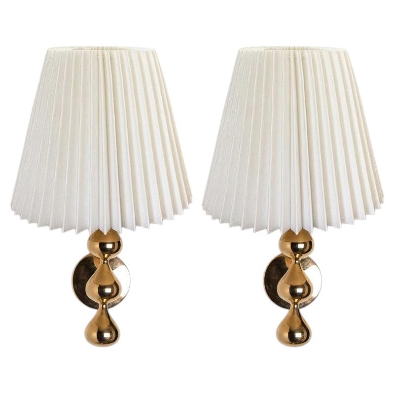 Pair of Asmussen 3 Drops Gold Plated Wall Lights with Pleated Lampshade, Denmark For Sale