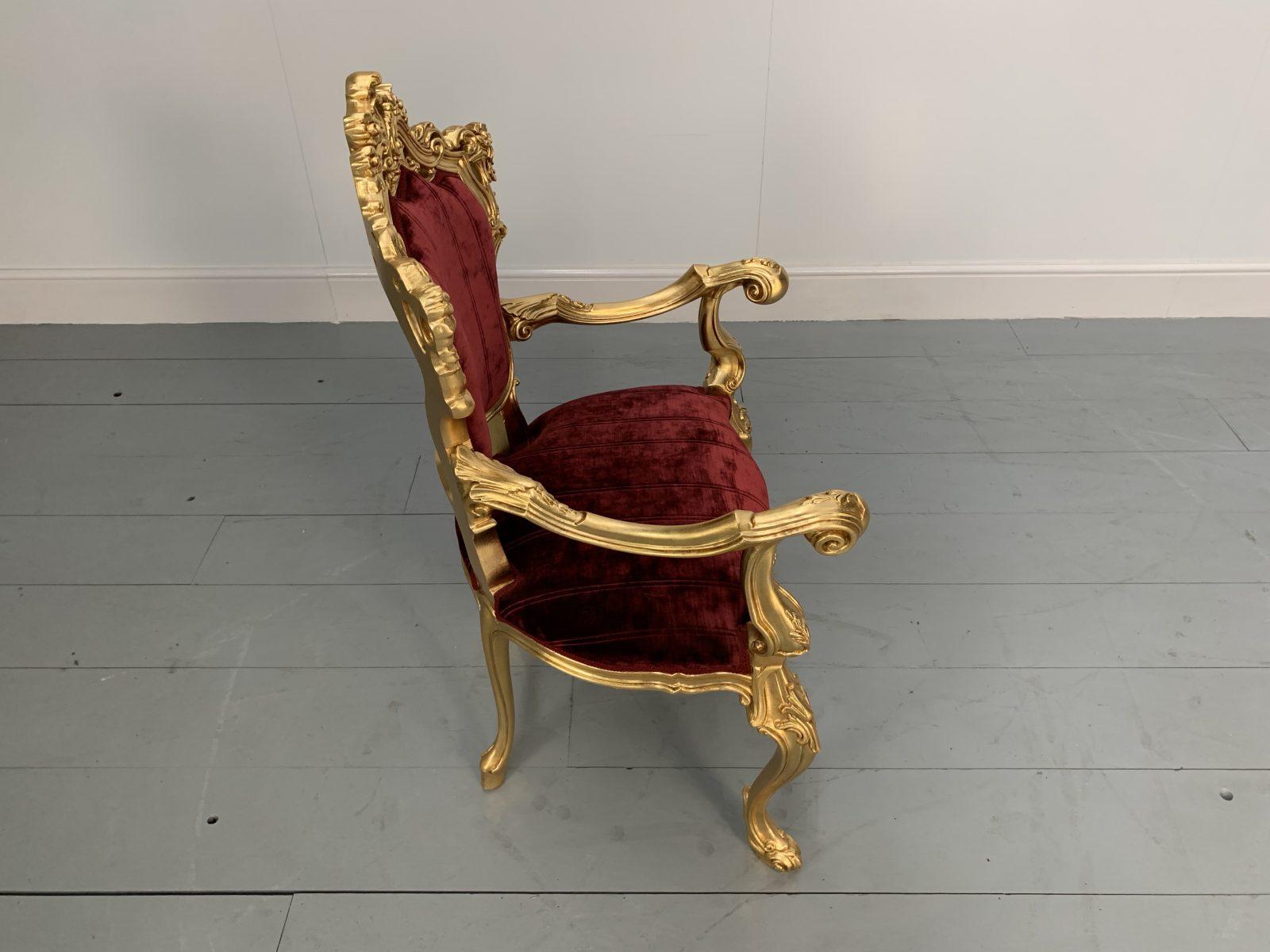 Pair of Asnaghi Fauteuil Baroque Rococo Armchairs in Crimson Velvet and Gilt For Sale 2