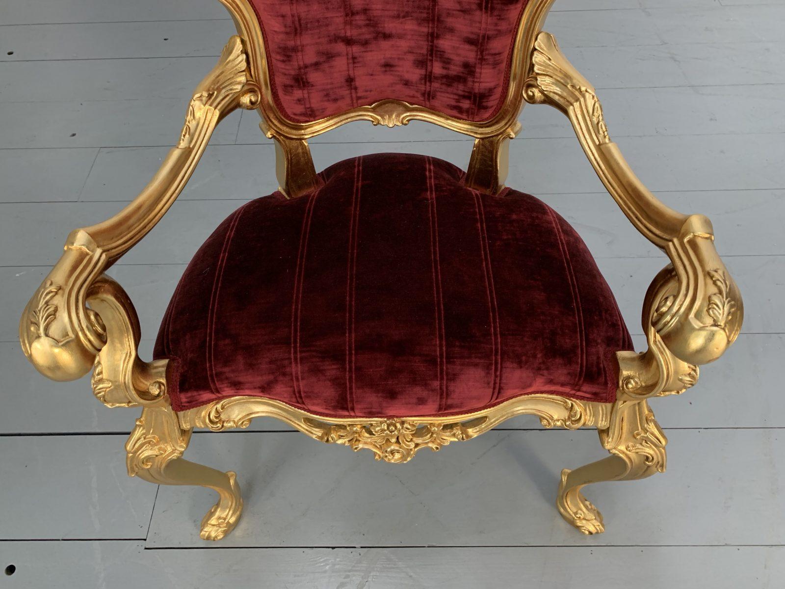 Pair of Asnaghi Fauteuil Baroque Rococo Armchairs in Crimson Velvet and Gilt For Sale 5