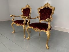 Pair of Asnaghi Fauteuil Baroque Rococo Armchairs in Crimson Velvet and Gilt