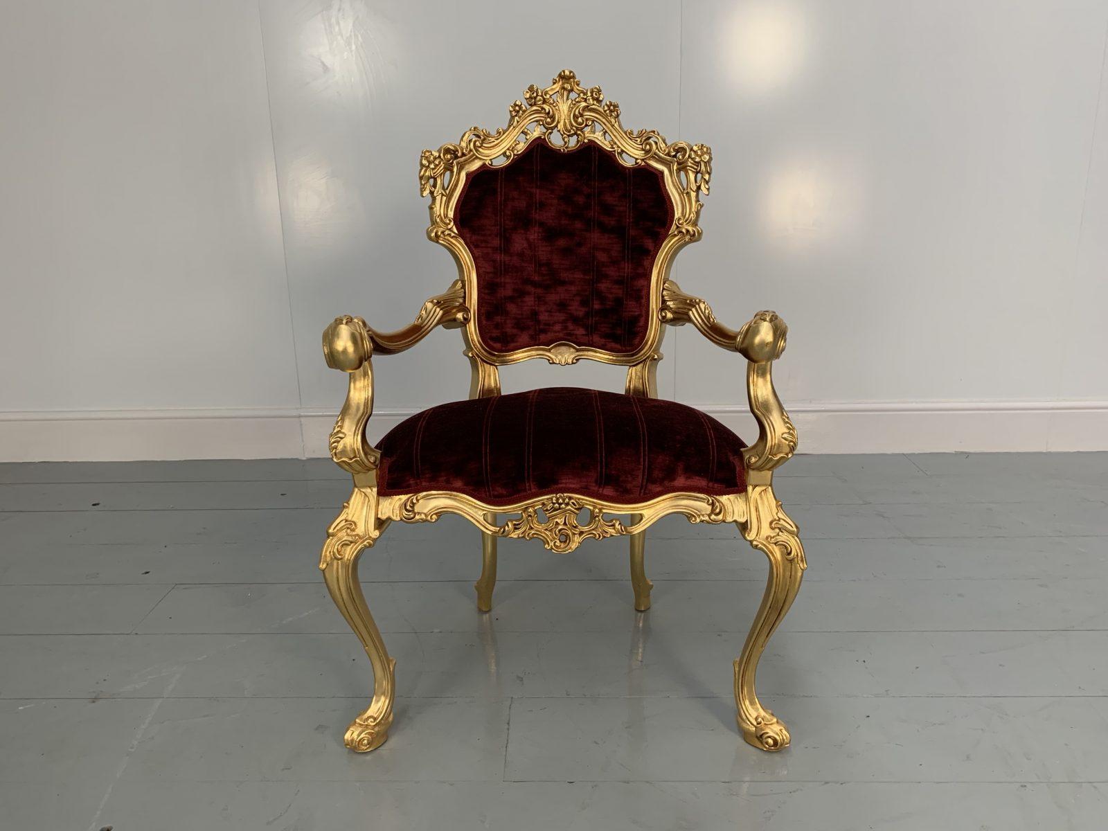 Italian Pair of Asnaghi Fauteuil Baroque Rococo Armchairs in Crimson Velvet and Gilt For Sale