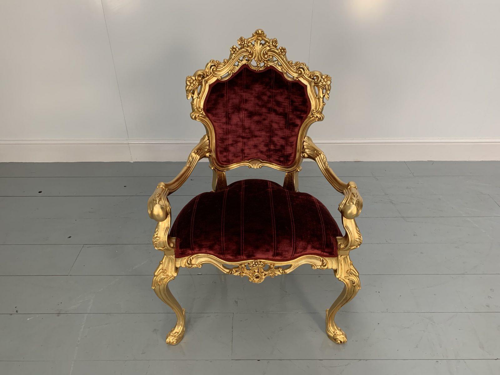 Pair of Asnaghi Fauteuil Baroque Rococo Armchairs in Crimson Velvet and Gilt For Sale 1