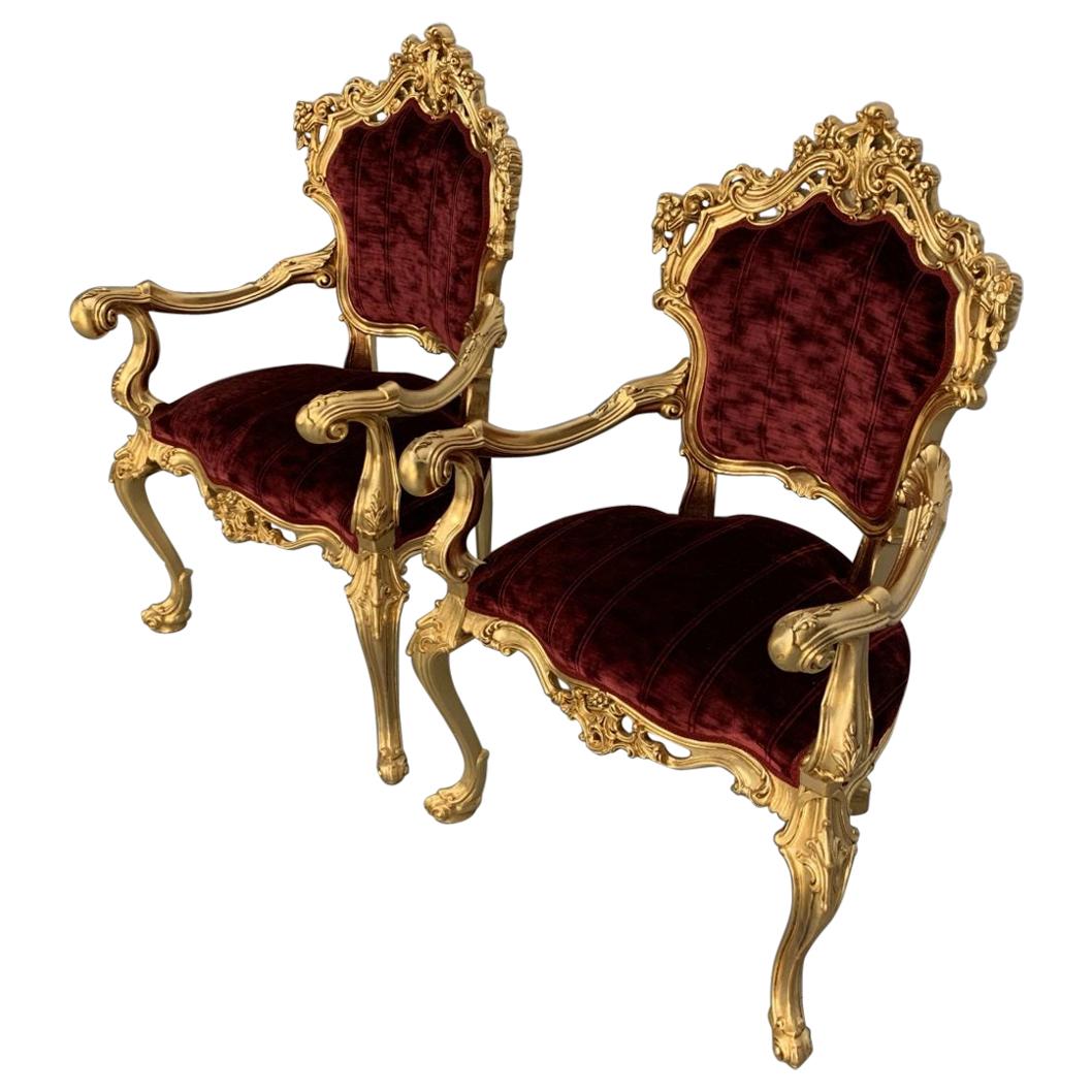 Pair of Asnaghi Fauteuil Baroque Rococo Armchairs in Crimson Velvet and Gilt