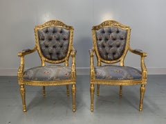 Pair of Asnaghi Fauteuil Baroque Rococo Armchairs in Floral Silk and Gilt