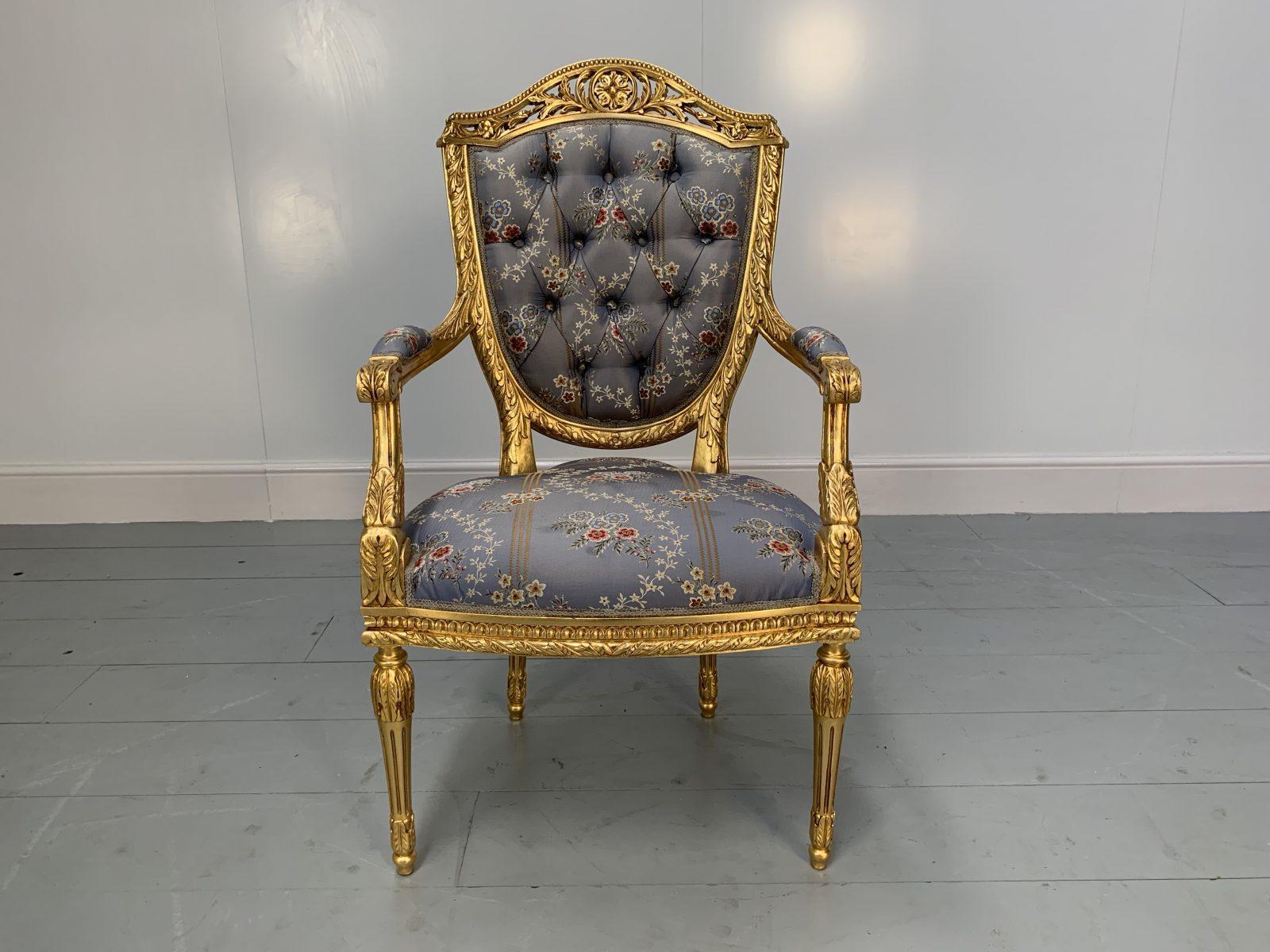 Italian Pair of Asnaghi Fauteuil Baroque Rococo Armchairs in Floral Silk and Gilt For Sale