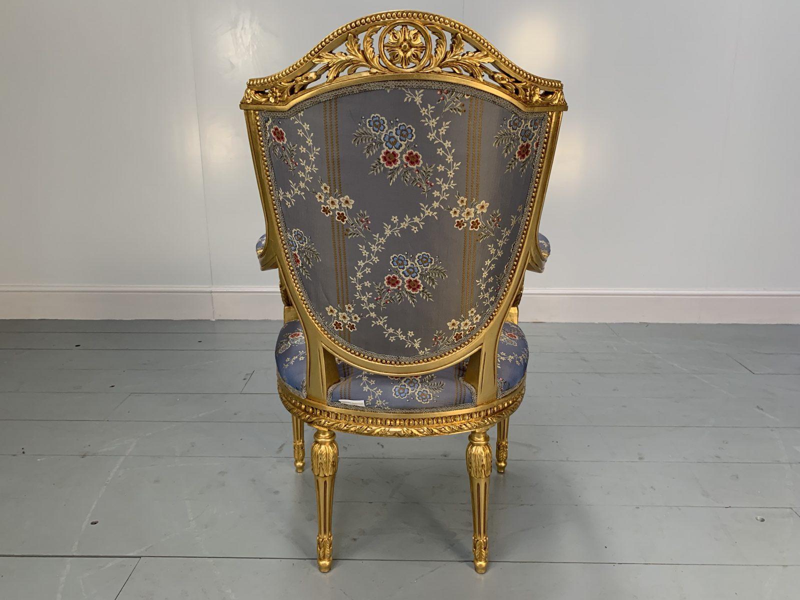 Hand-Crafted Pair of Asnaghi Fauteuil Baroque Rococo Armchairs in Floral Silk and Gilt For Sale