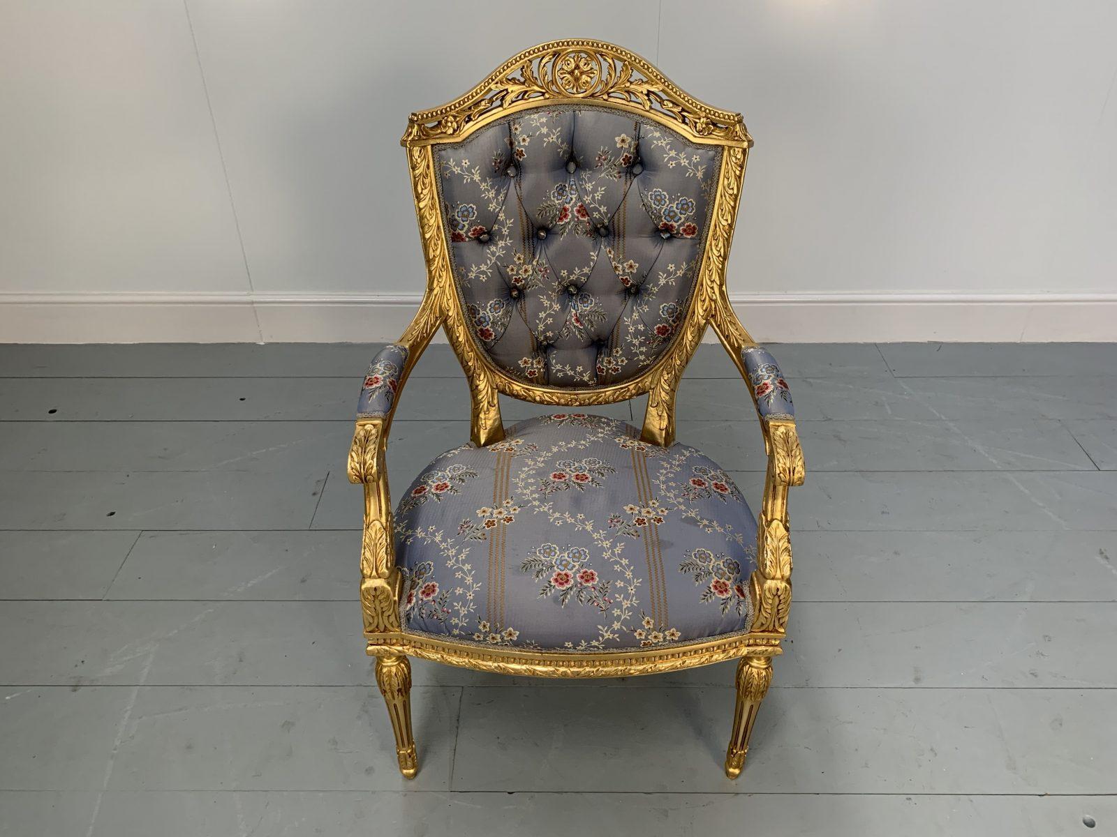 Pair of Asnaghi Fauteuil Baroque Rococo Armchairs in Floral Silk and Gilt For Sale 1