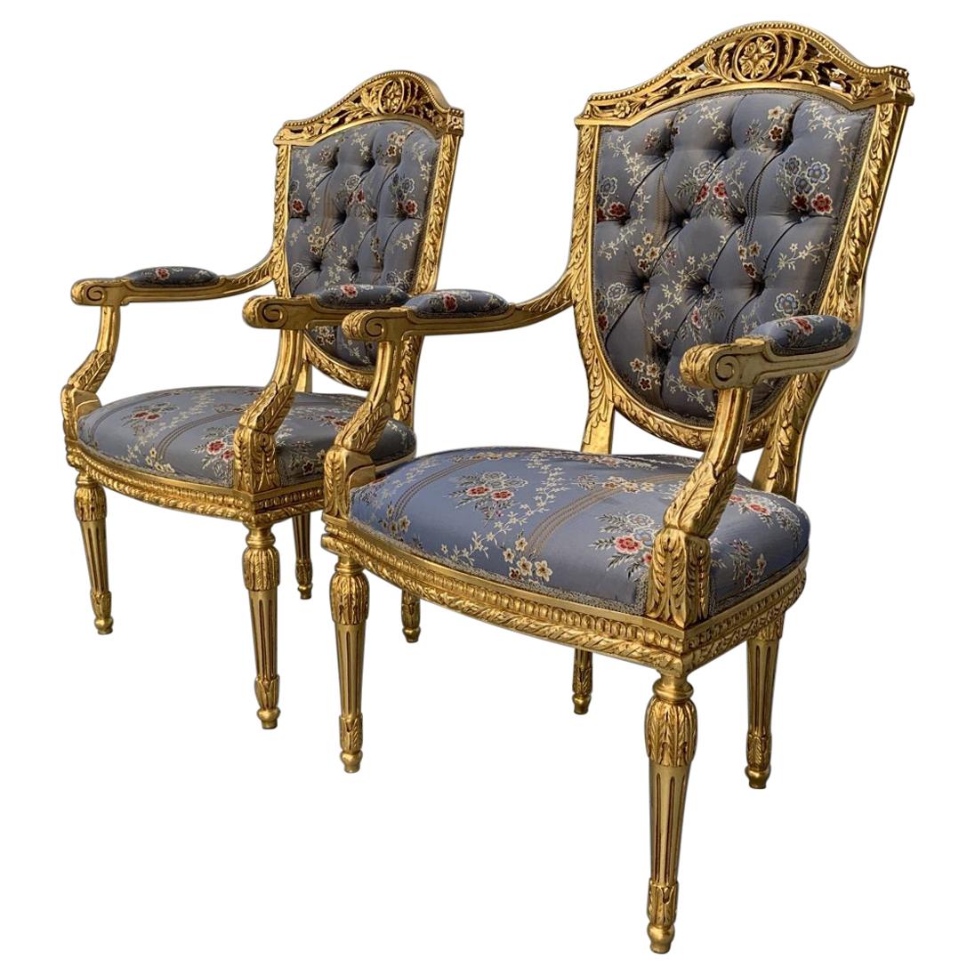 Pair of Asnaghi Fauteuil Baroque Rococo Armchairs in Floral Silk and Gilt