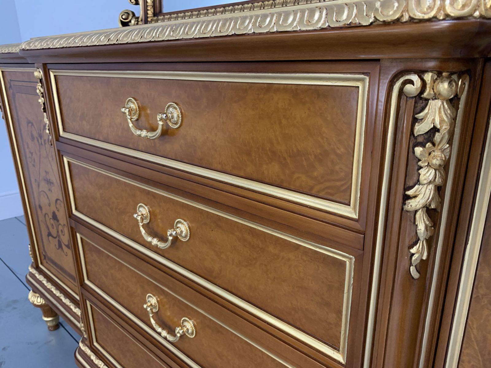 Wood Pair of Asnaghi Inlaid Marquetry Breakfront Cabinets Commodes with Mirrors For Sale