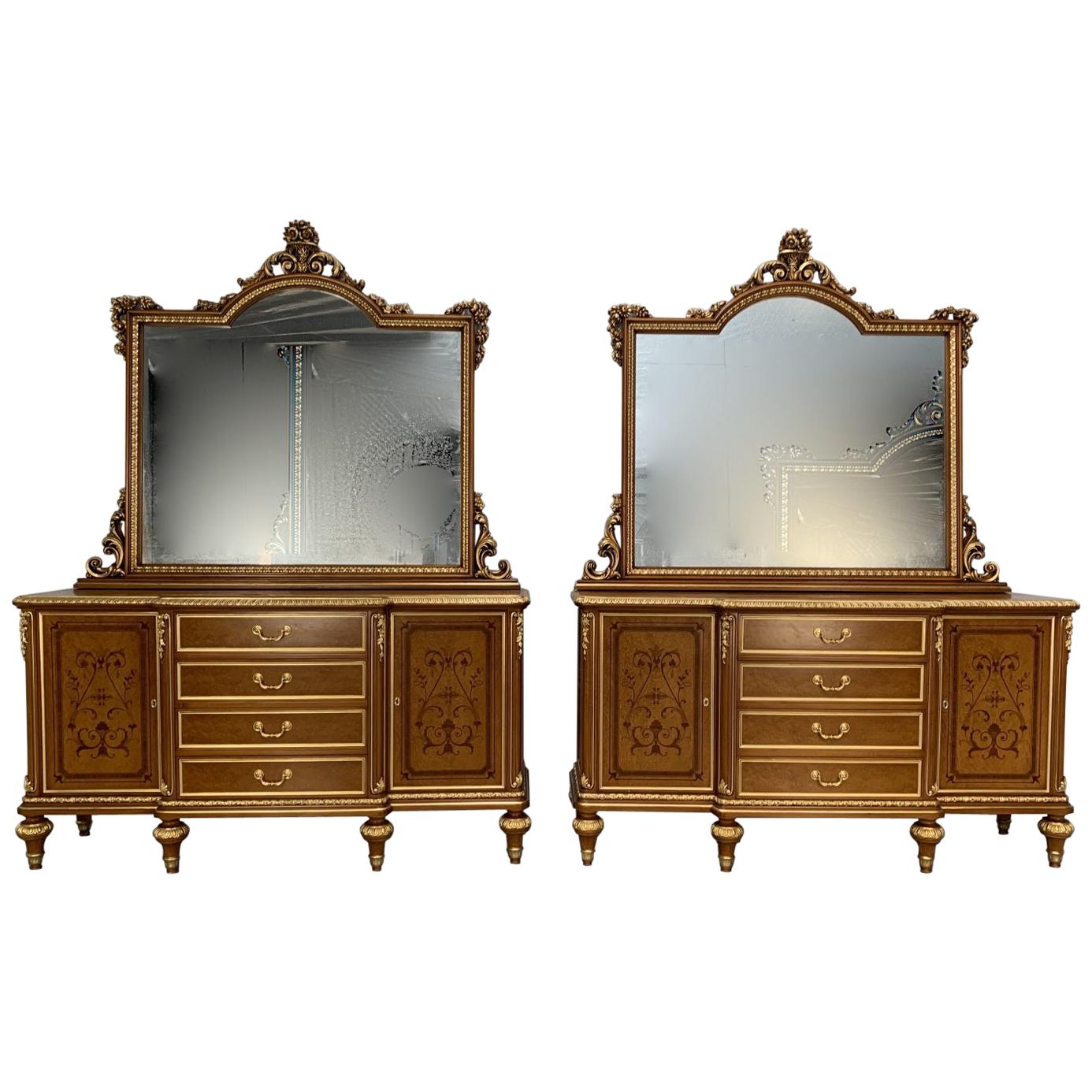 Pair of Asnaghi Inlaid Marquetry Breakfront Cabinets Commodes with Mirrors