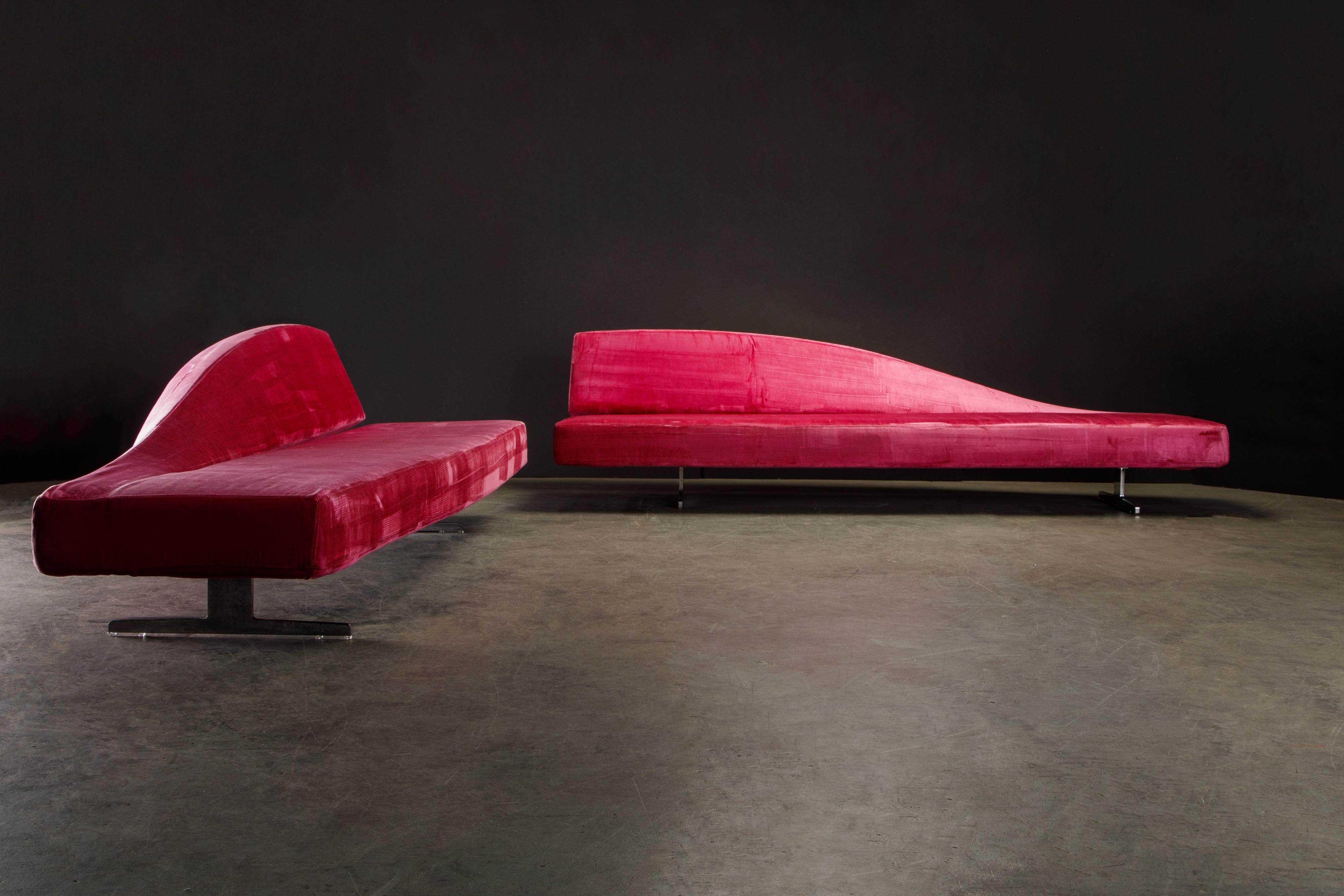 This pair of incredible pink velvet 'Aspen' sofas by Jean-Marie Massaud were designed in 2005 for Cassina and made in Italy. Two large 102 inch long sofas when placed together form a continuous seating system that becomes an incredibly large 204