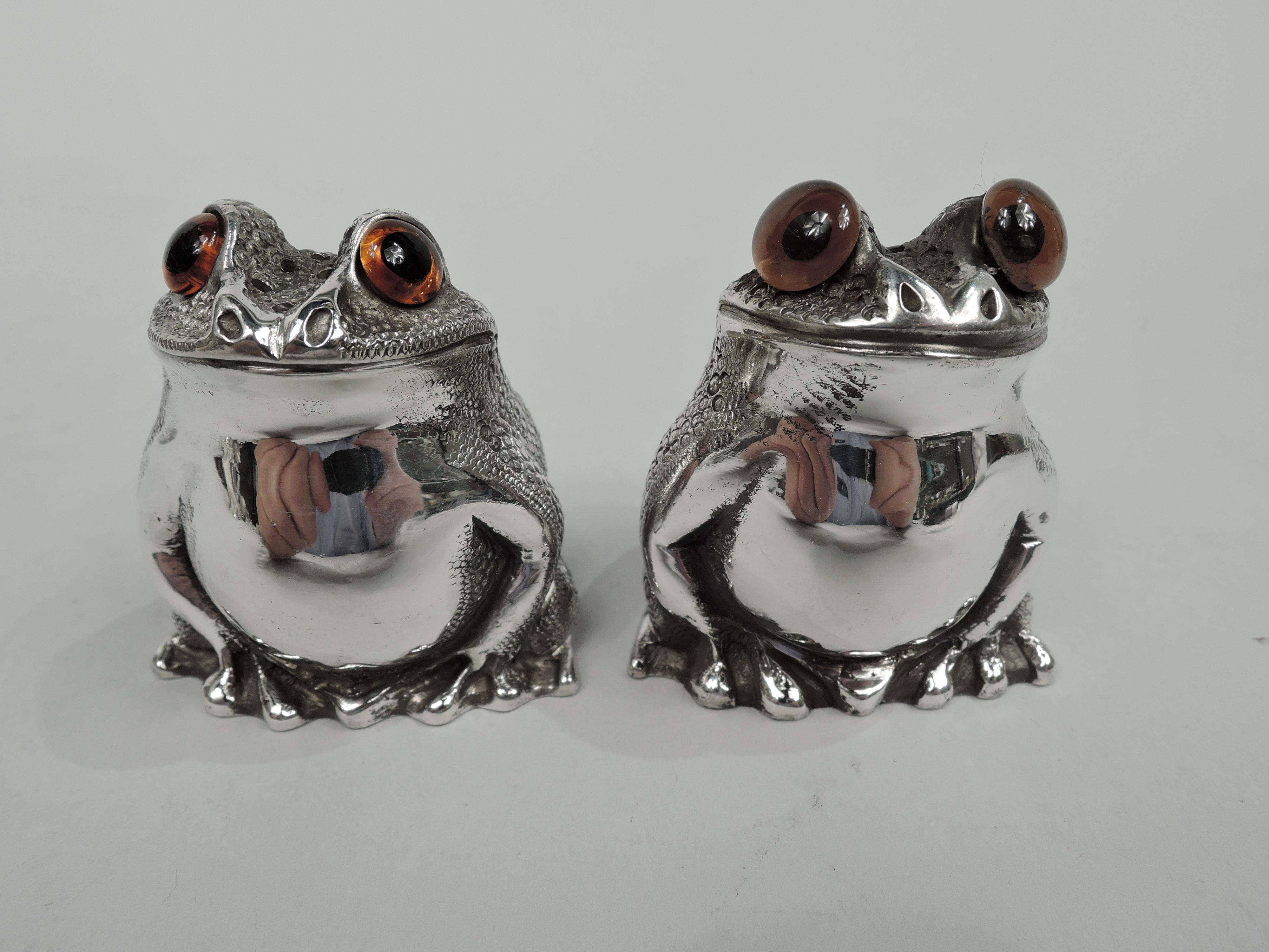 Modern Pair of Asprey Sterling Silver Figural Frog Salt & Pepper Shakers