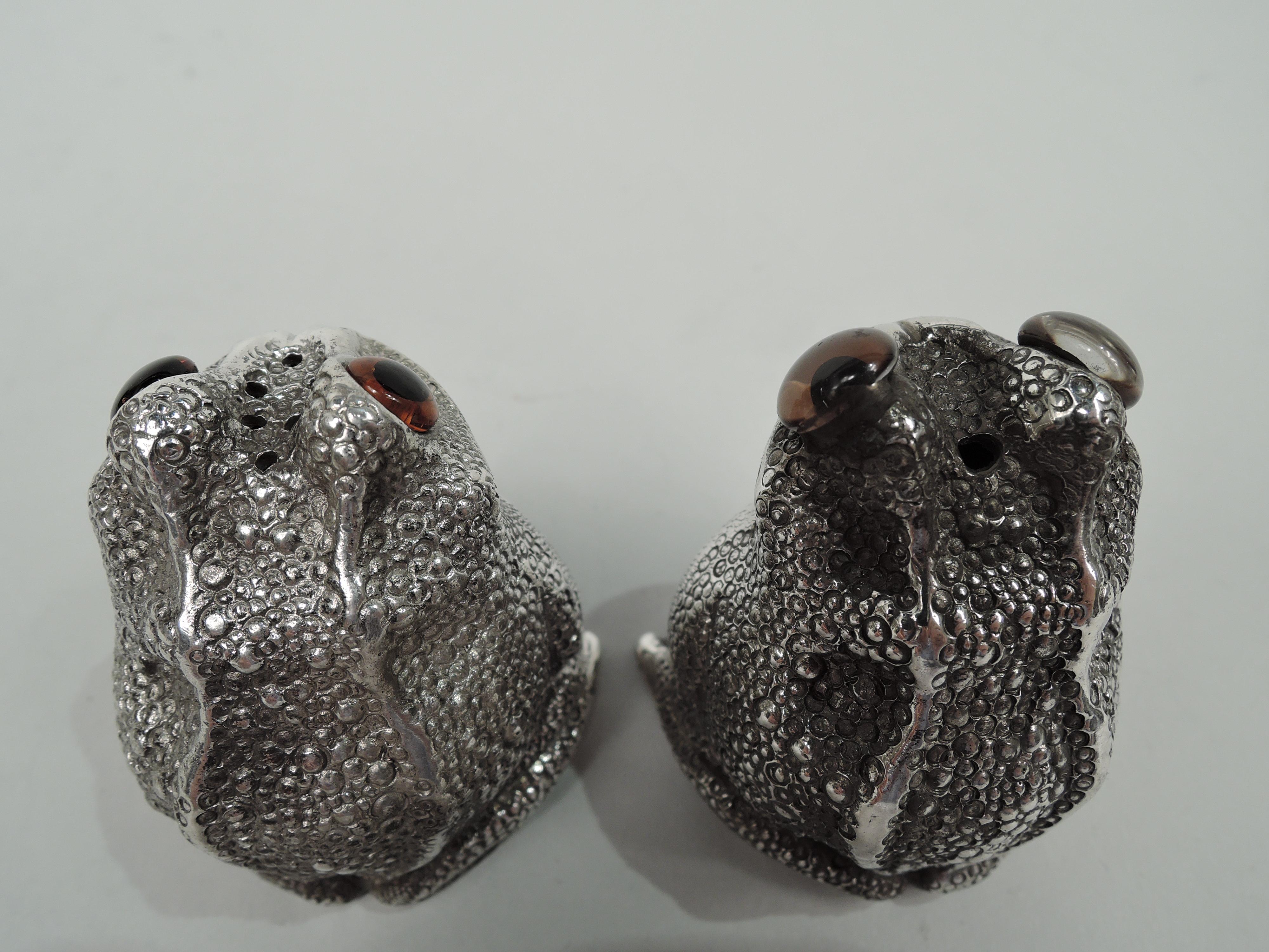 English Pair of Asprey Sterling Silver Figural Frog Salt & Pepper Shakers