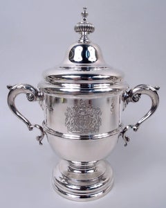 Pair of Asprey Traditional Neoclassical Urns with British Royal Arms, 1984