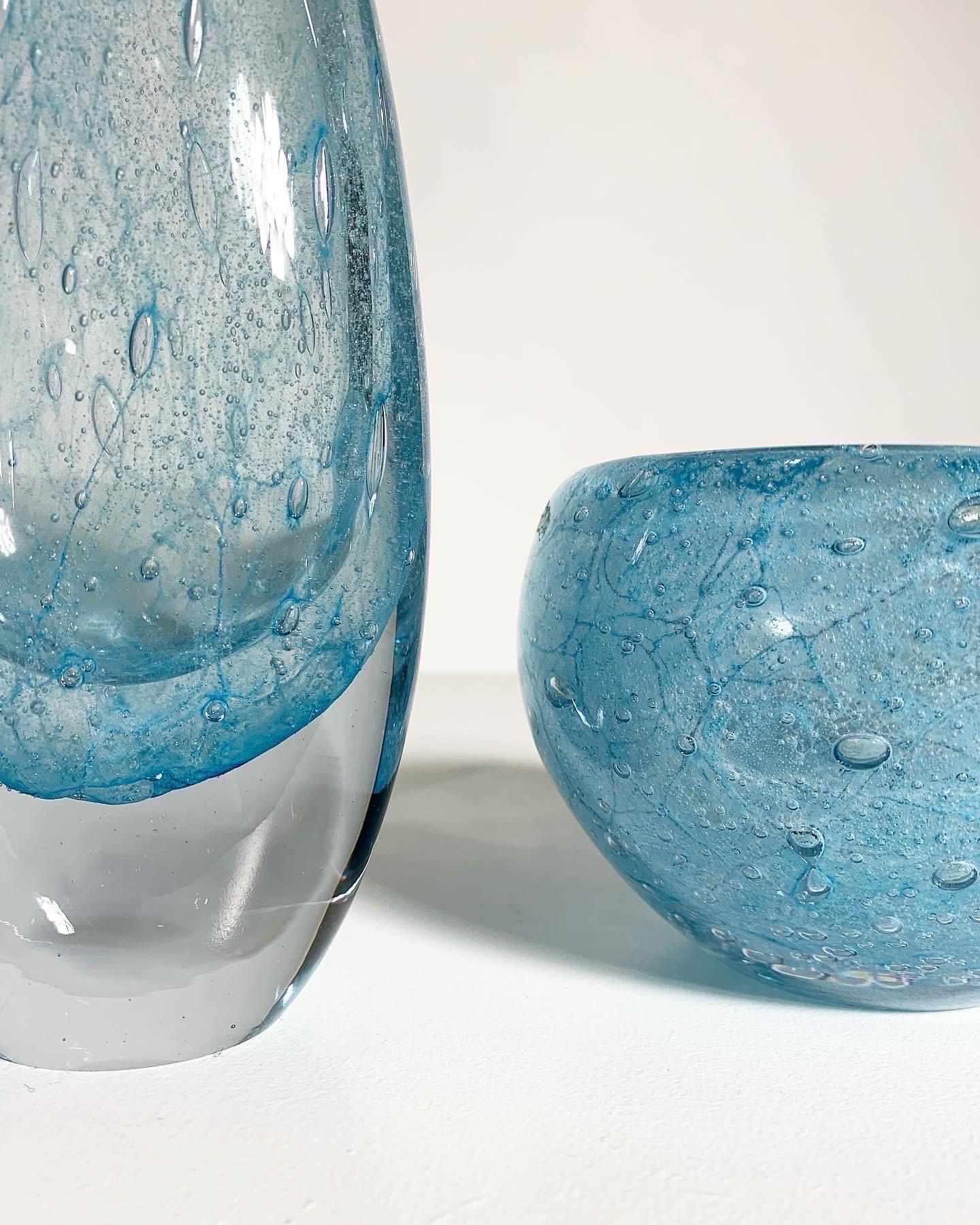 Swedish Pair of Asta Strömberg Bubble Vases Light Blue Crystal Strömbergshyttan For Sale