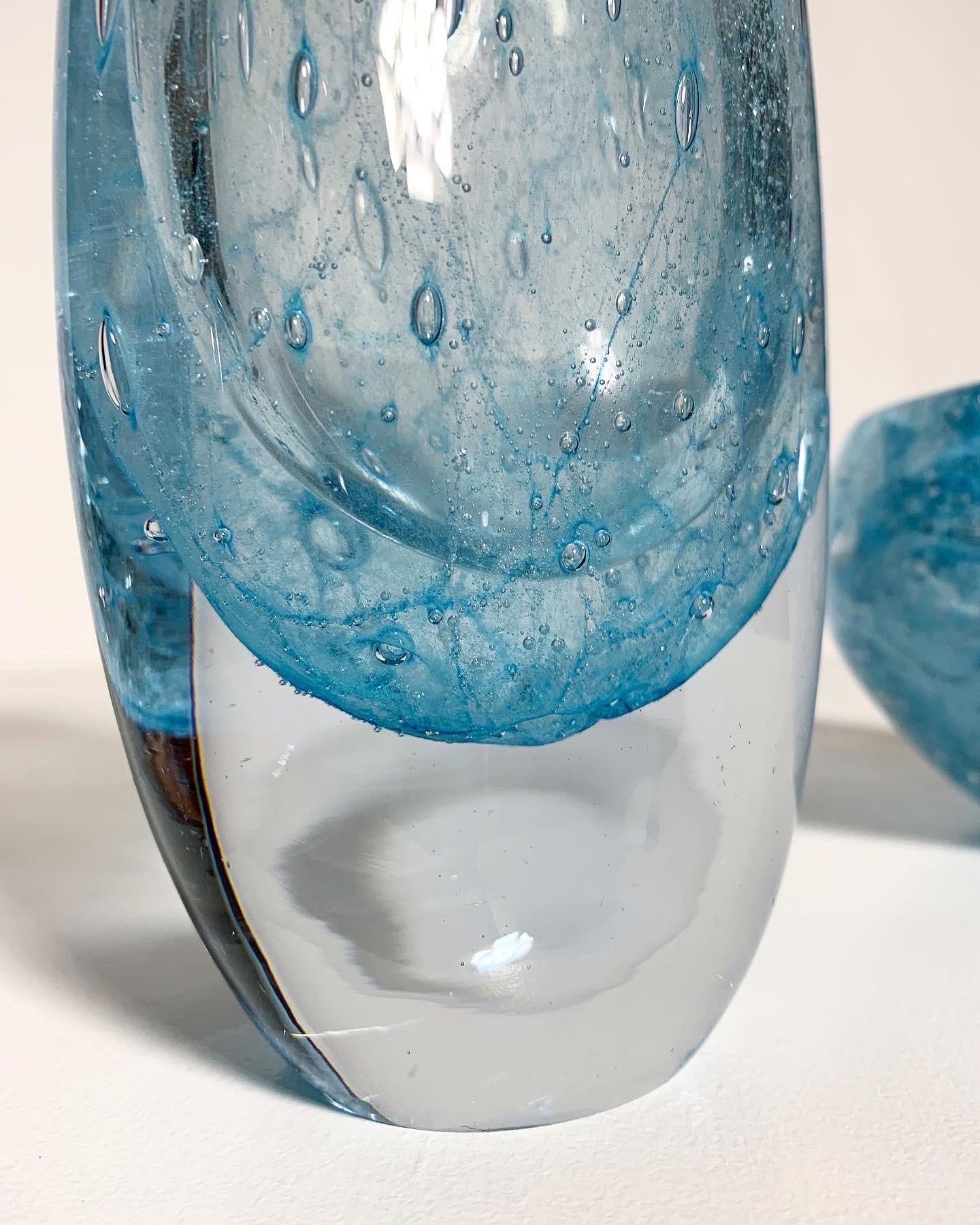 Hand-Crafted Pair of Asta Strömberg Bubble Vases Light Blue Crystal Strömbergshyttan For Sale