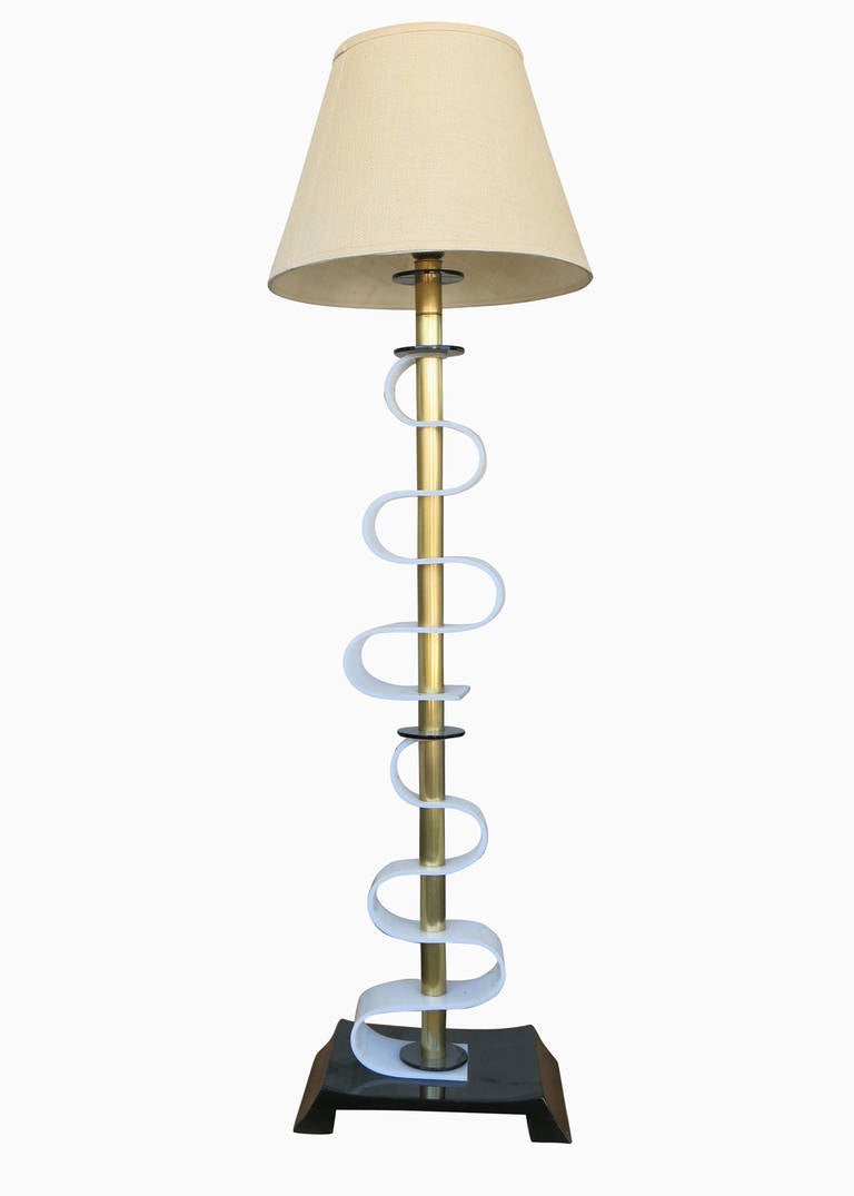 Mid-Century Modern Pair of Asymmetric Midcentury Acrylic and Brass Floor Lamps  