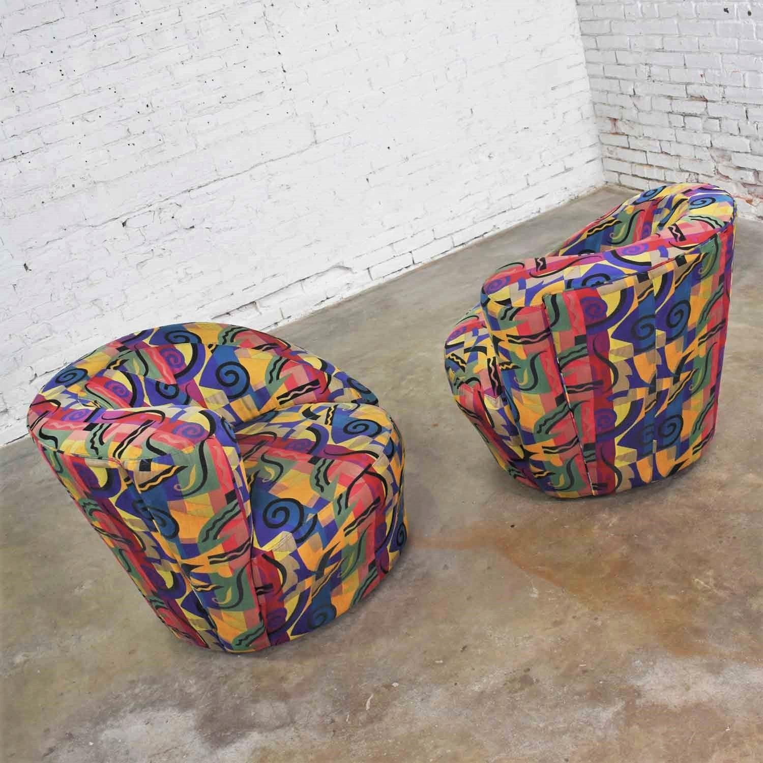 Post-Modern Pair of Asymmetric Nautilus Swivel Chairs