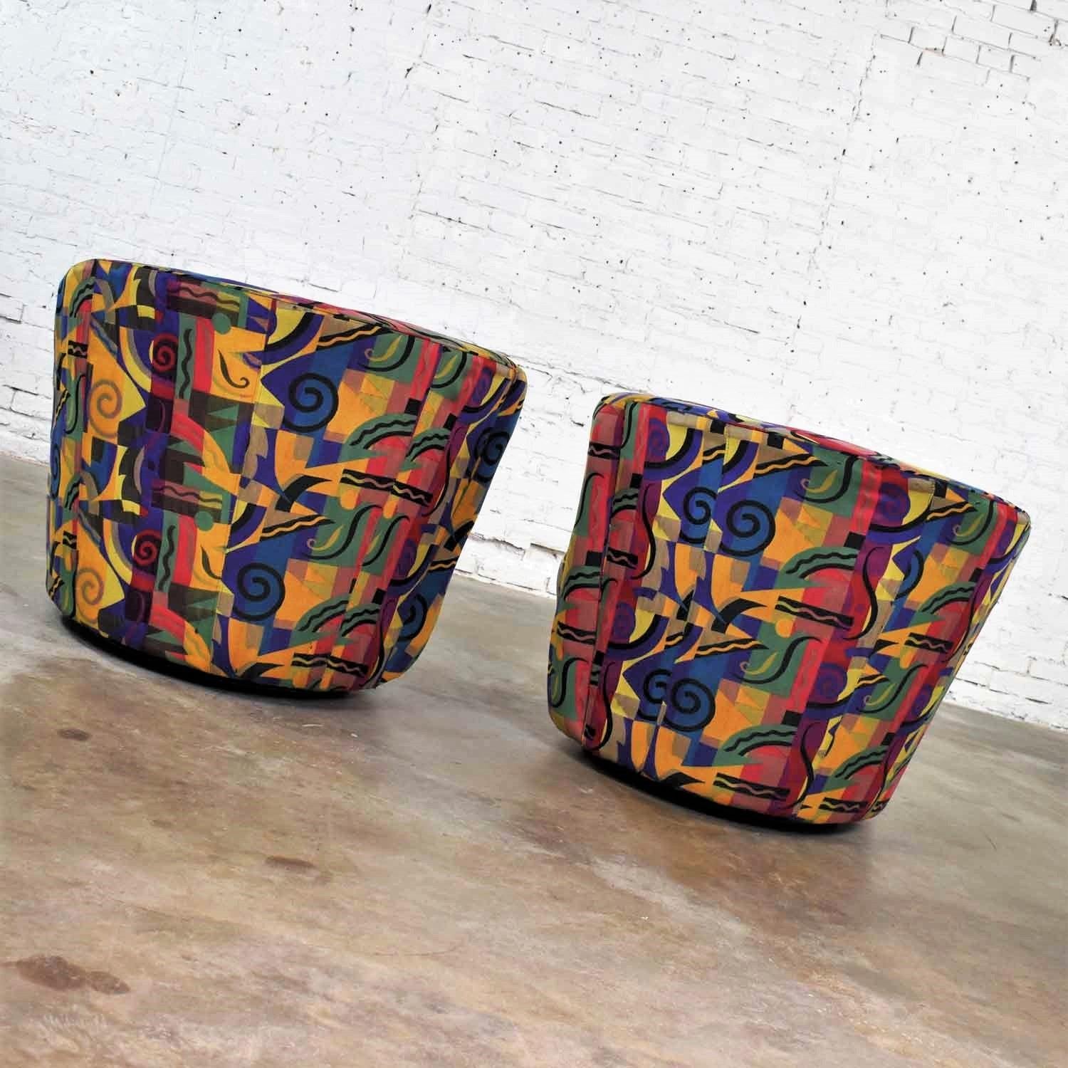 Fabric Pair of Asymmetric Nautilus Swivel Chairs