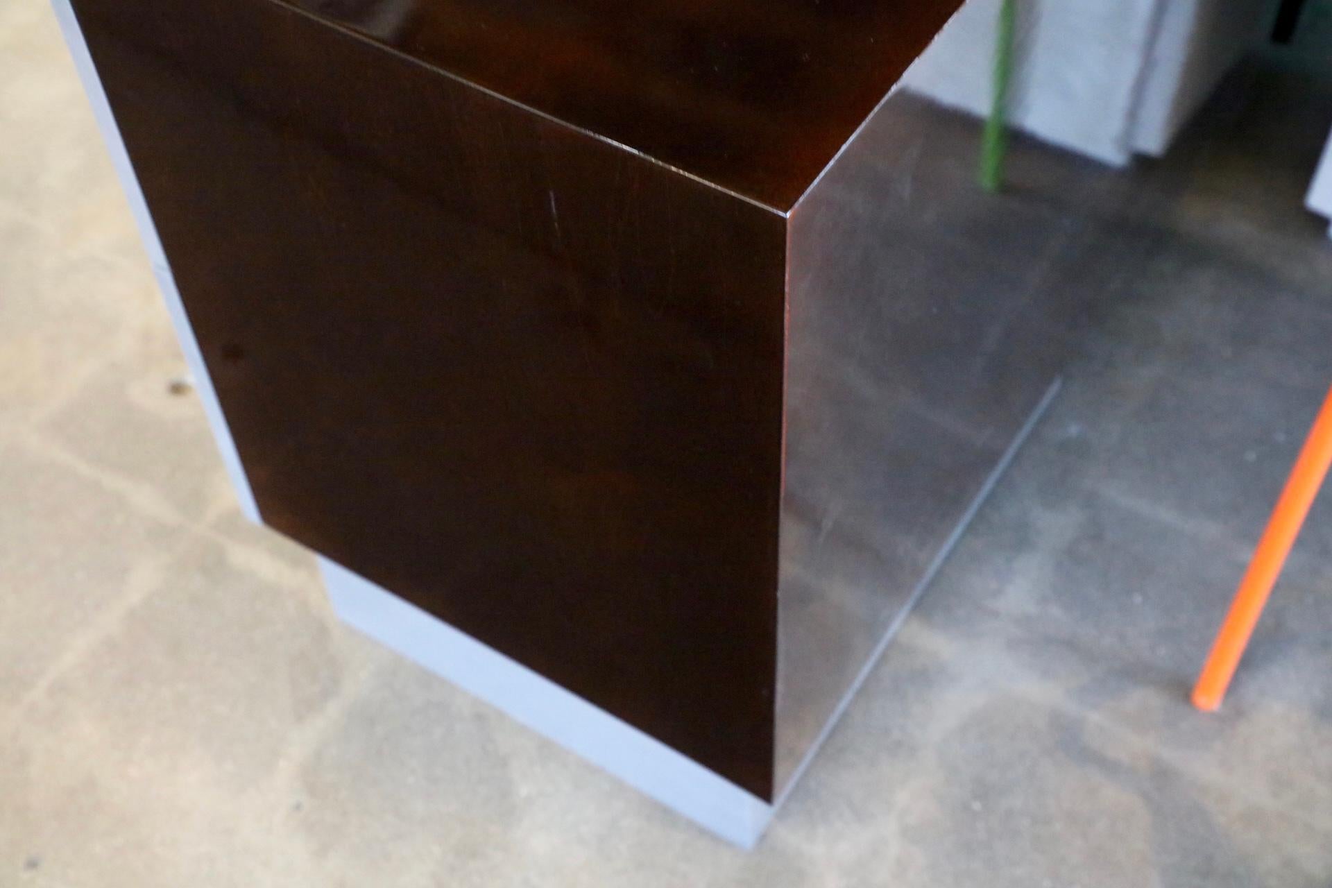 Pair of Asymmetric One Leg Stainless and Wood End Tables Nightstands 2