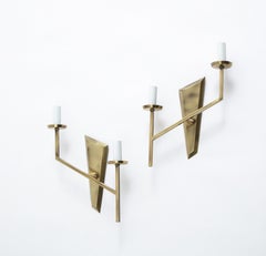 Pair of Asymmetrical Brass Double Sconces, France, 1950s