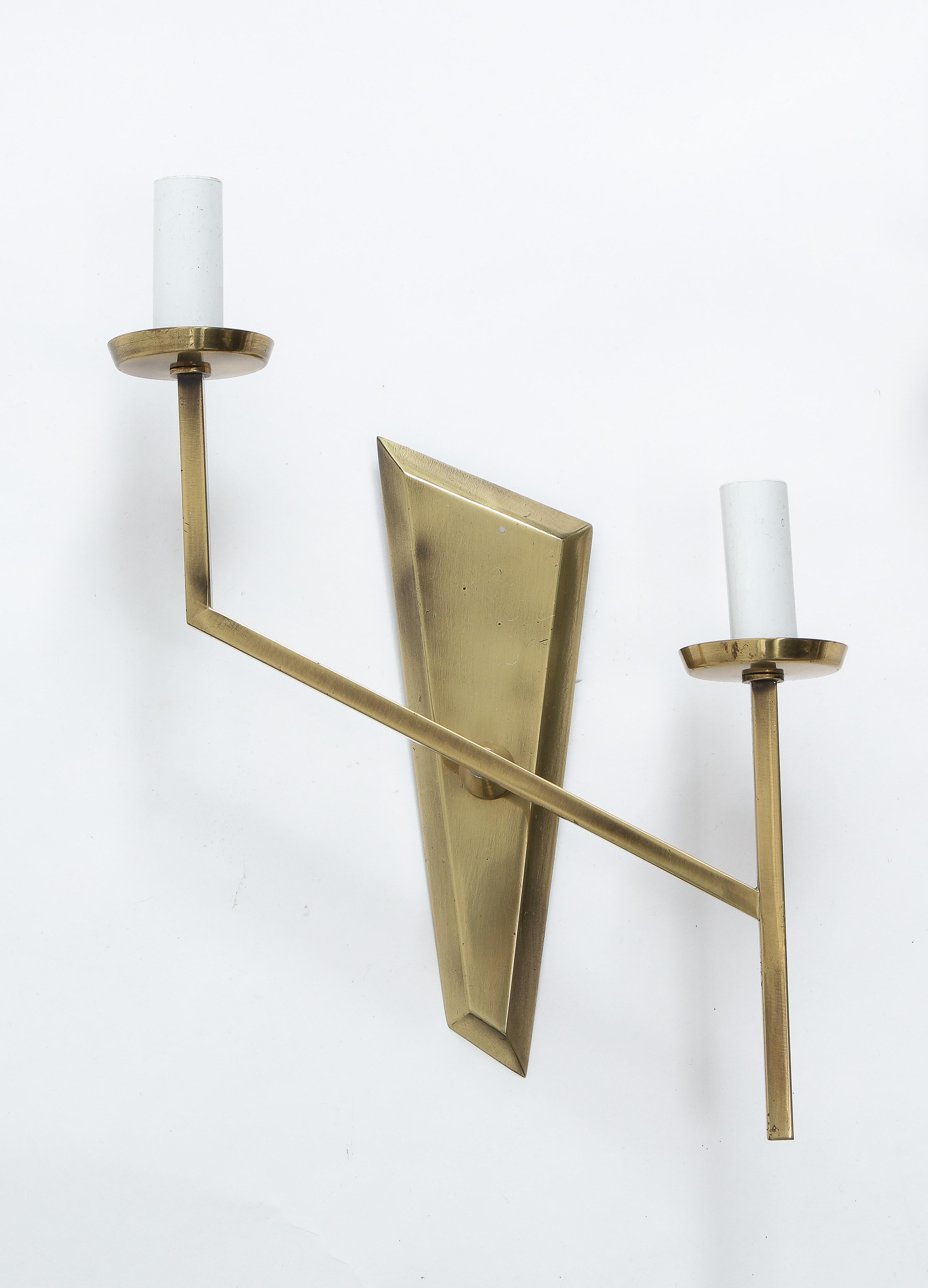 French Pair of Asymmetrical Brass Double Sconces, France, 1950s For Sale