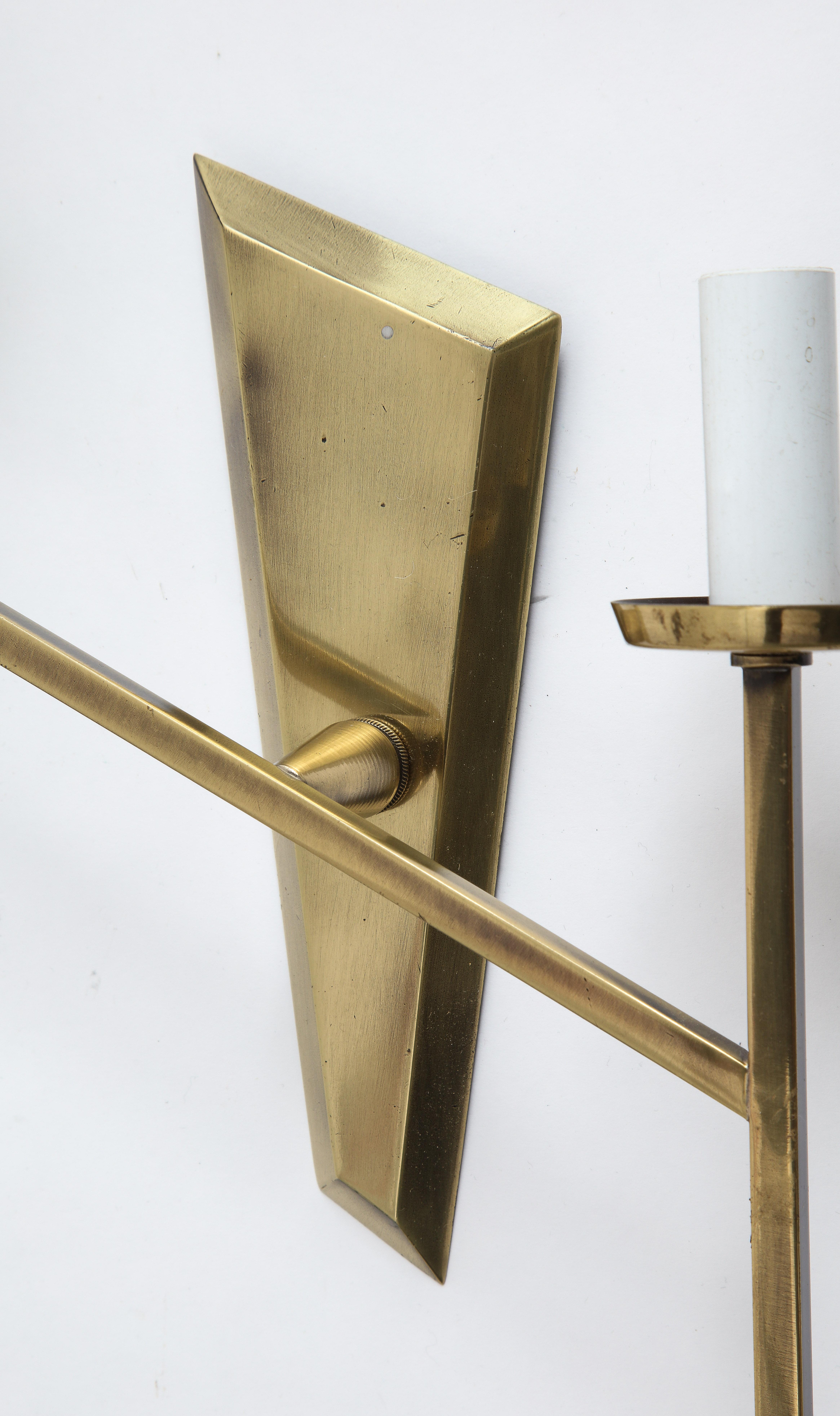 20th Century Pair of Asymmetrical Brass Double Sconces, France, 1950s For Sale