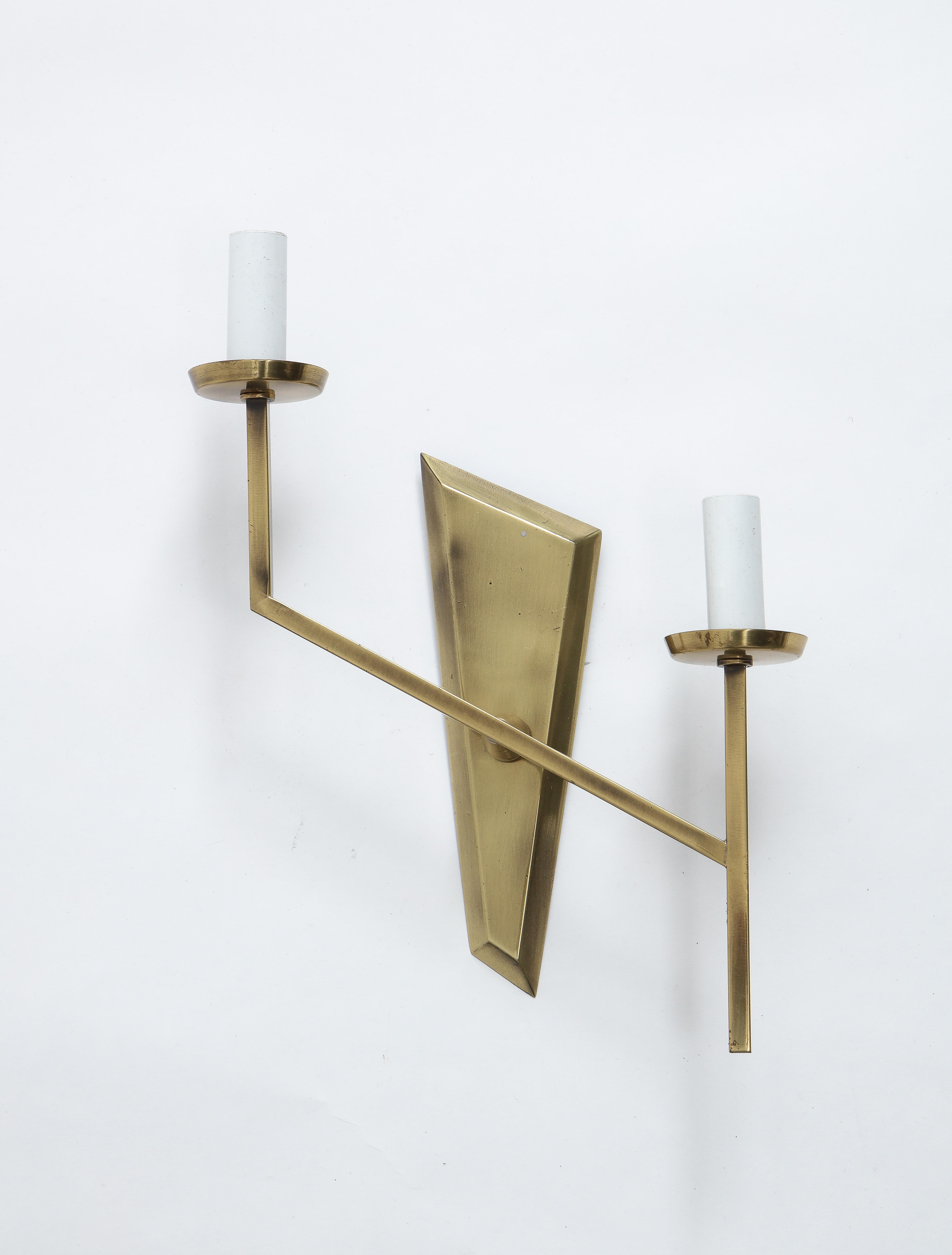 Pair of Asymmetrical Brass Double Sconces, France, 1950s For Sale 1