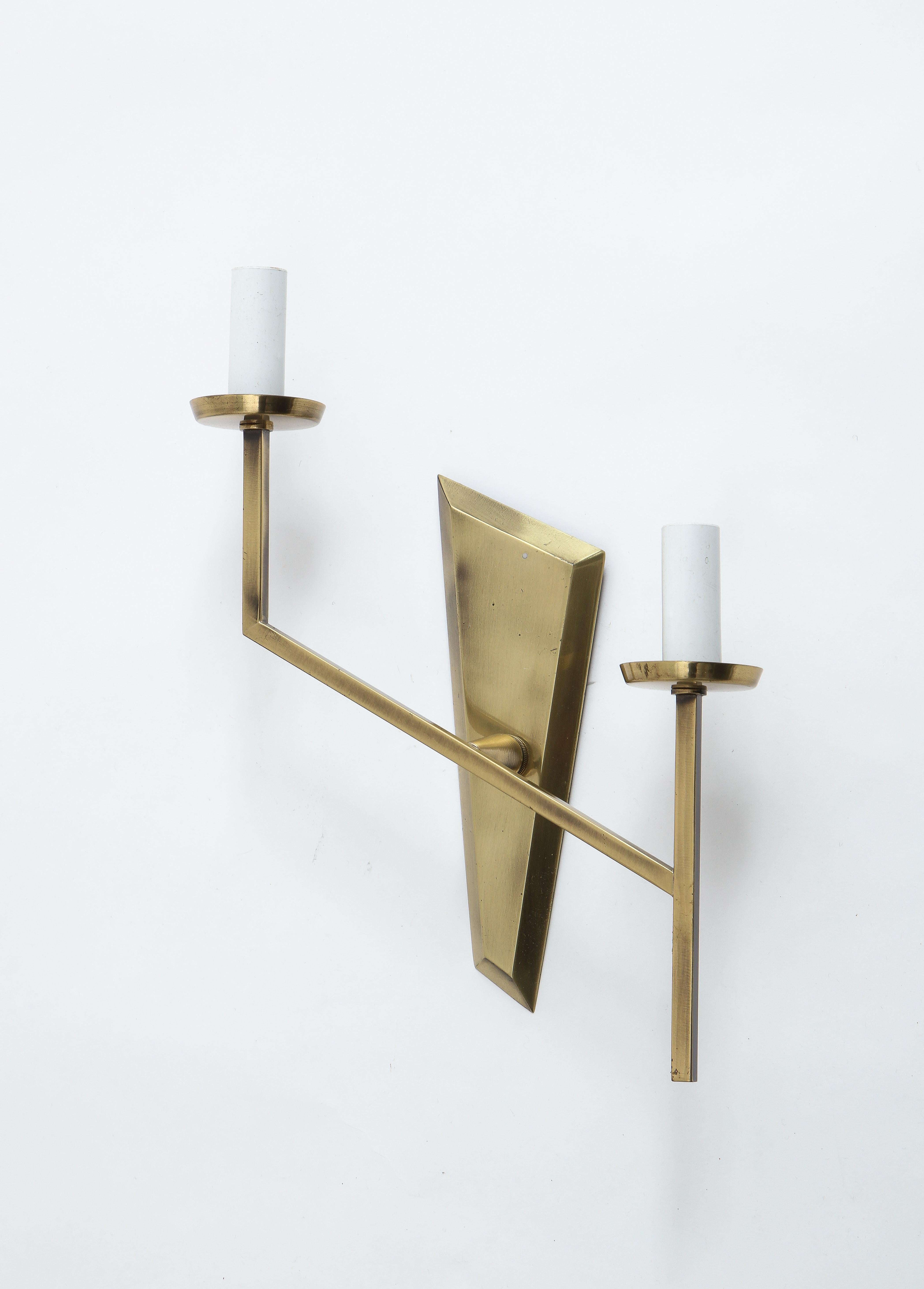 Pair of Asymmetrical Brass Double Sconces, France, 1950s For Sale 2