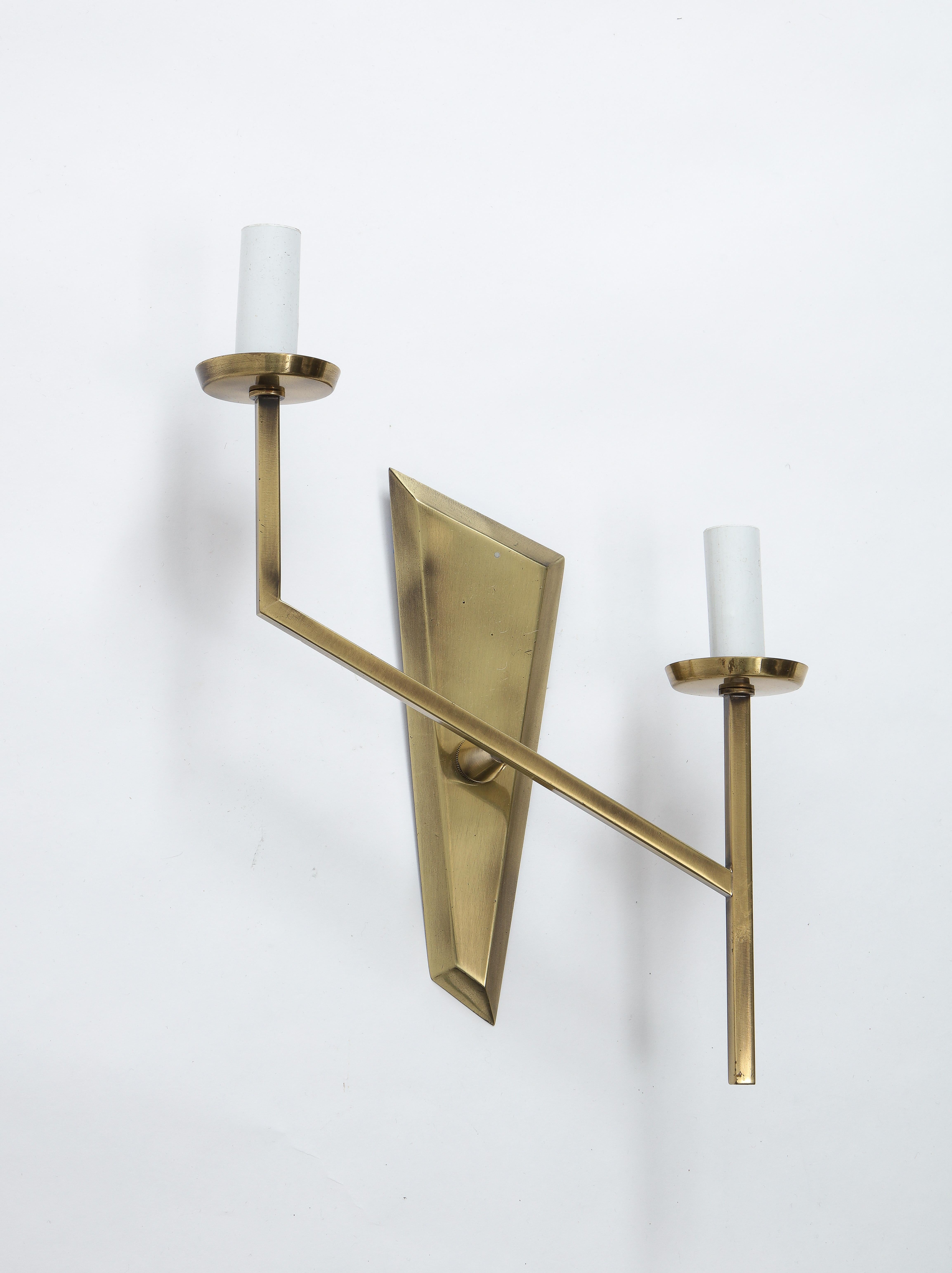 Pair of Asymmetrical Brass Double Sconces, France, 1950s For Sale 3