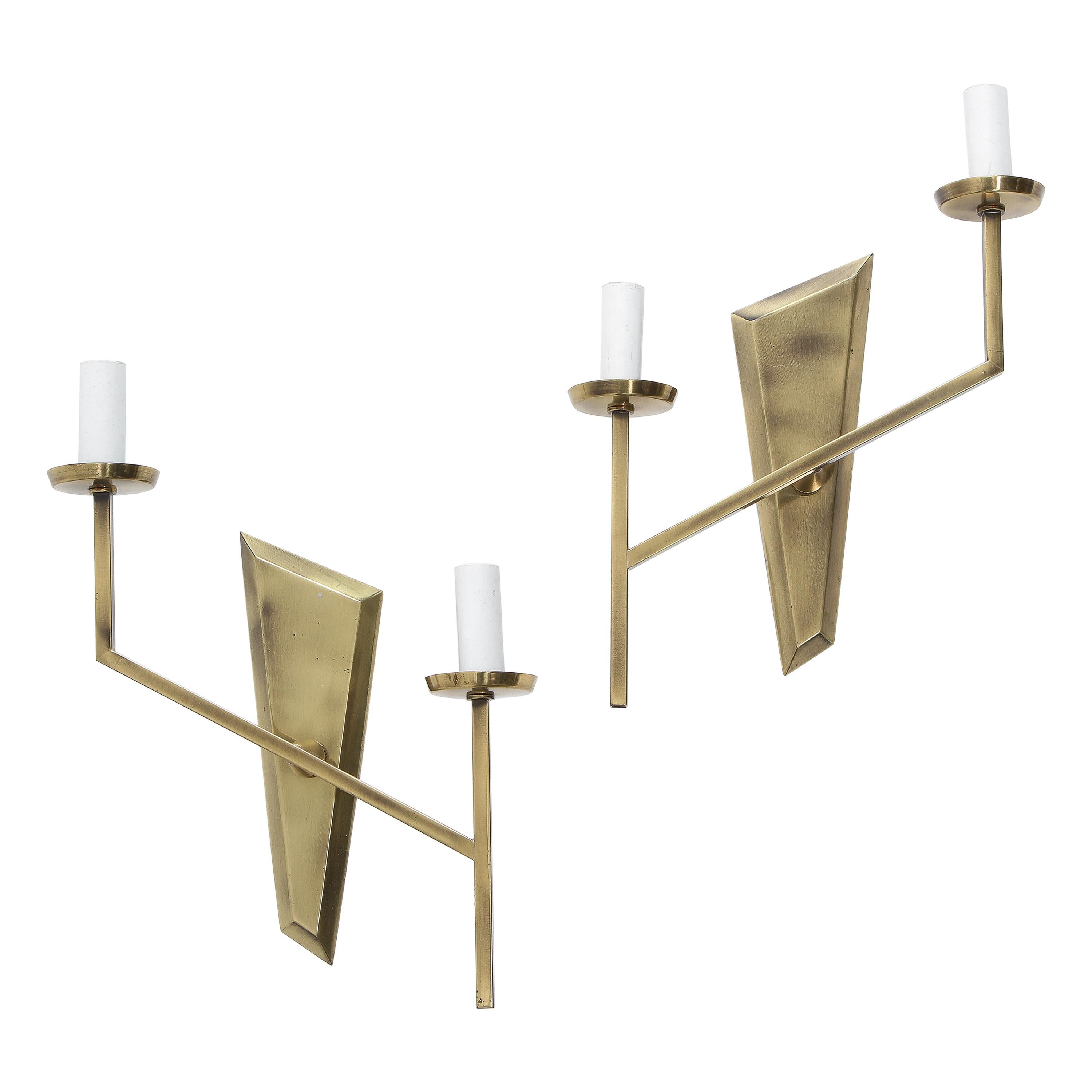 Pair of Asymmetrical Brass Double Sconces, France, 1950s For Sale
