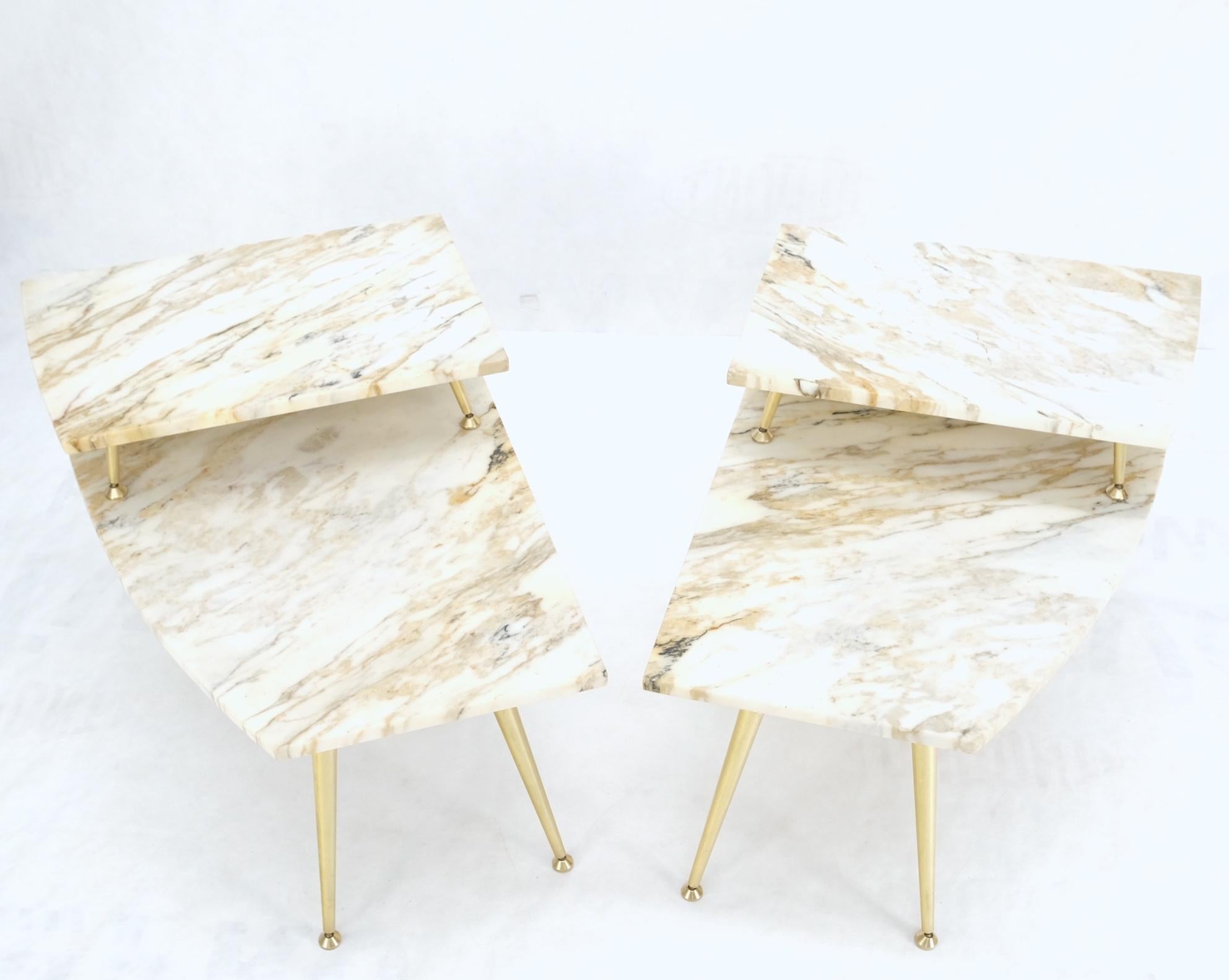 Pair of Asymmetrical Wedge Two Tier Marble Top Tapered Brass Legs Side End Table For Sale 4