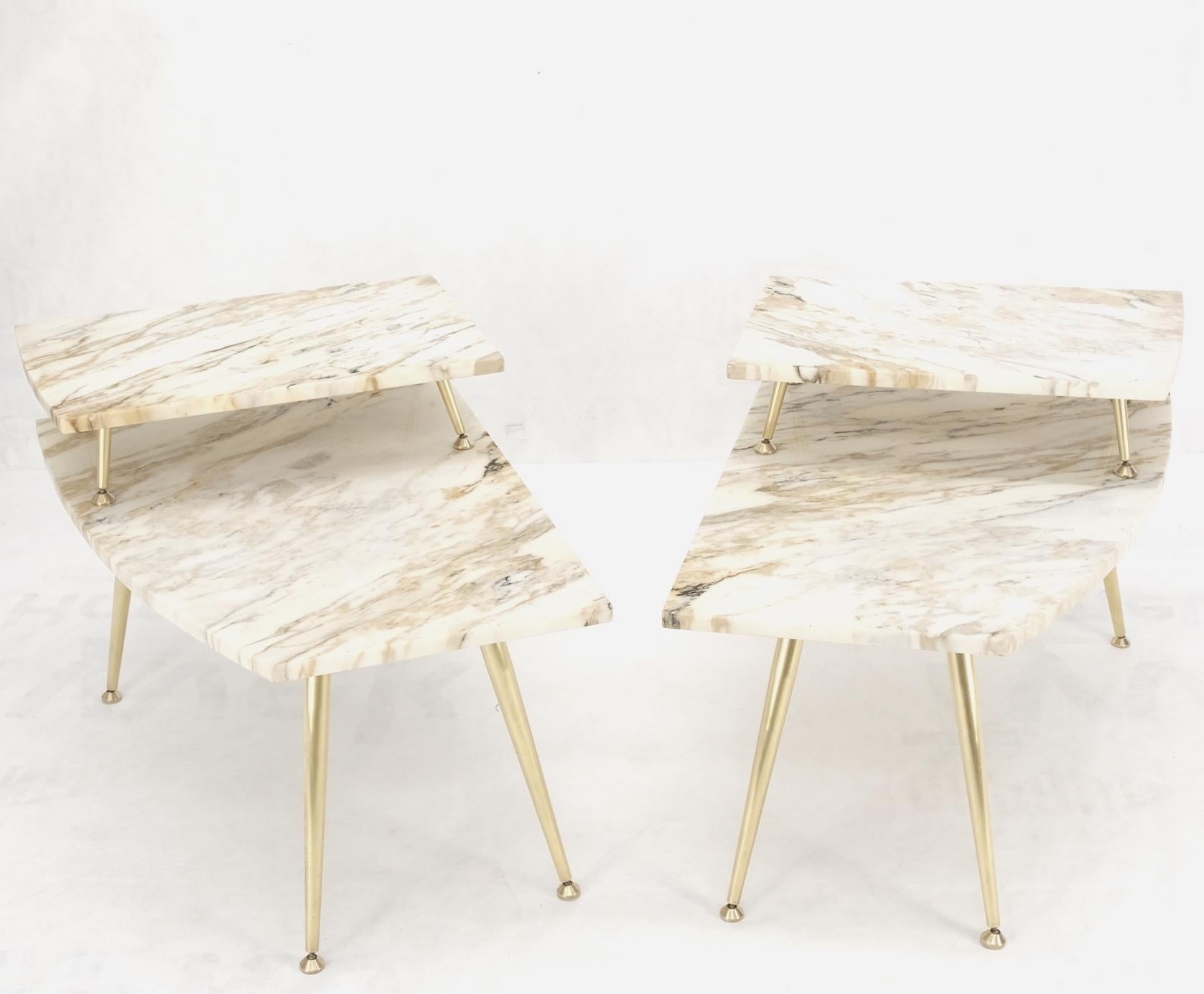Pair of Asymmetrical Wedge Two Tier Marble Top Tapered Brass Legs Side End Table For Sale 6