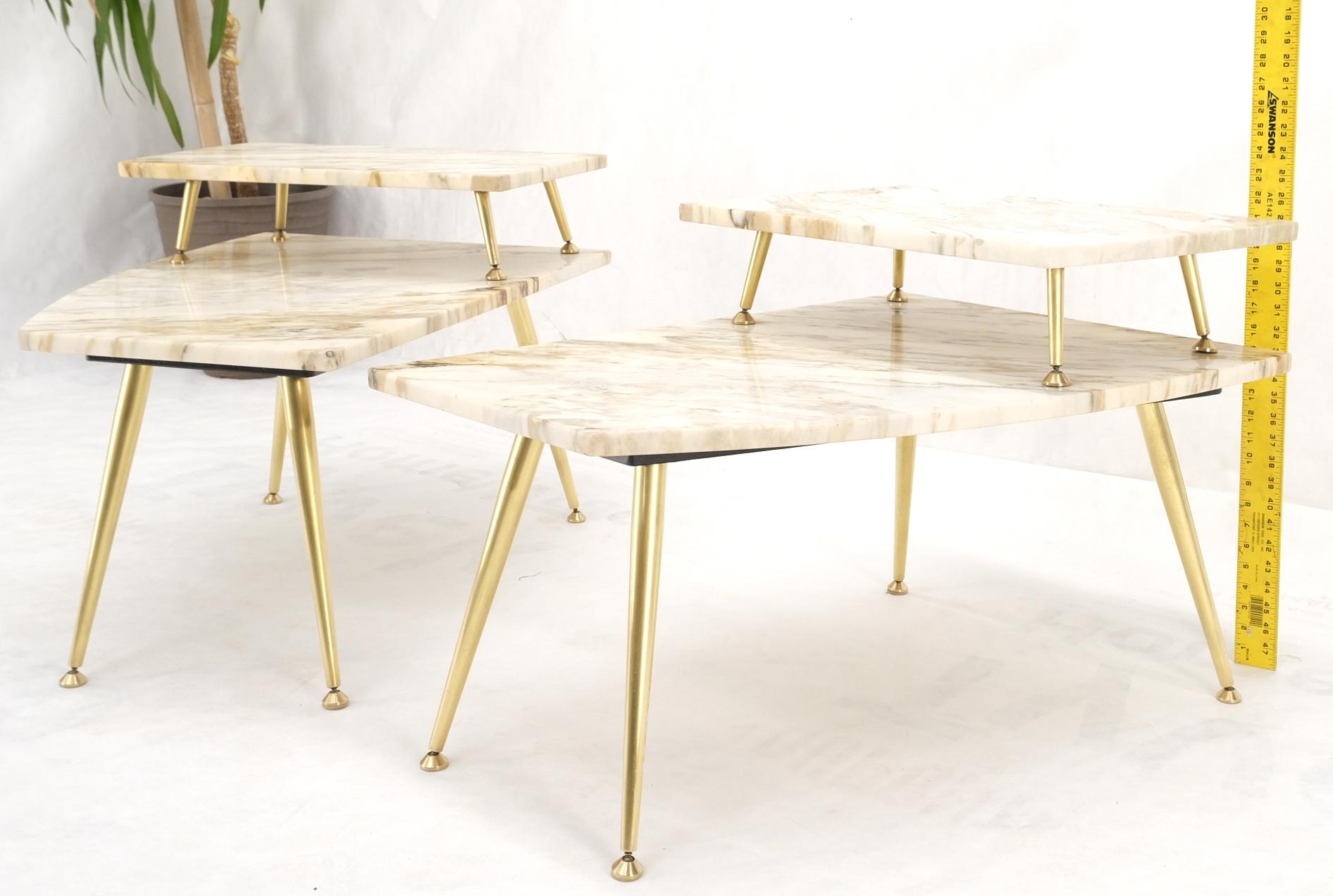 Mid-Century Modern Pair of Asymmetrical Wedge Two Tier Marble Top Tapered Brass Legs Side End Table For Sale